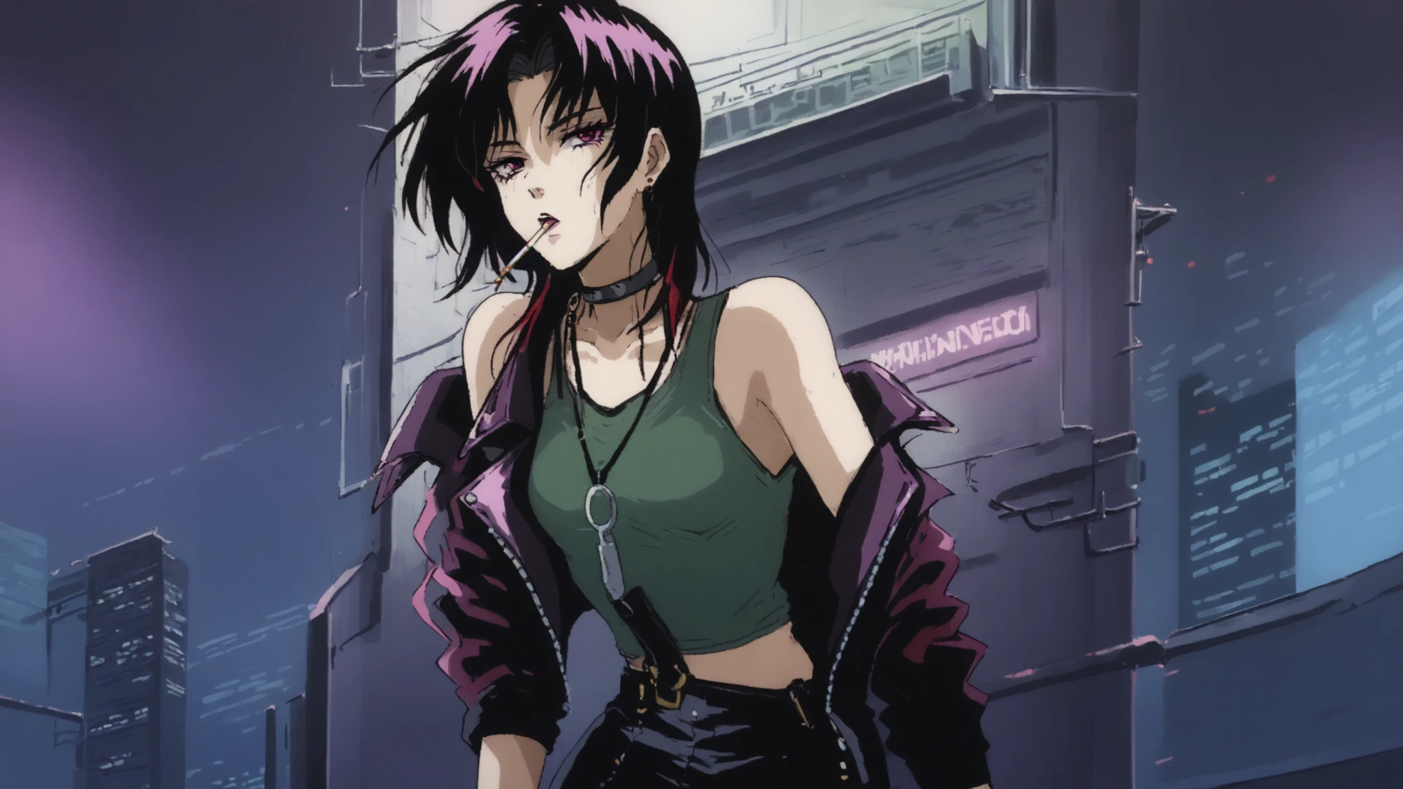 90's dark anime punk girl with aviators and long dark hair. A urban city in the background illuminates her. She wears a leather jacket over a green tank top and a choker necklace. She leans against a pillar with a cigarette in her mouth. There is an overall purple bluish tint to the scene and is zoomed out to show her and the city backdrop.