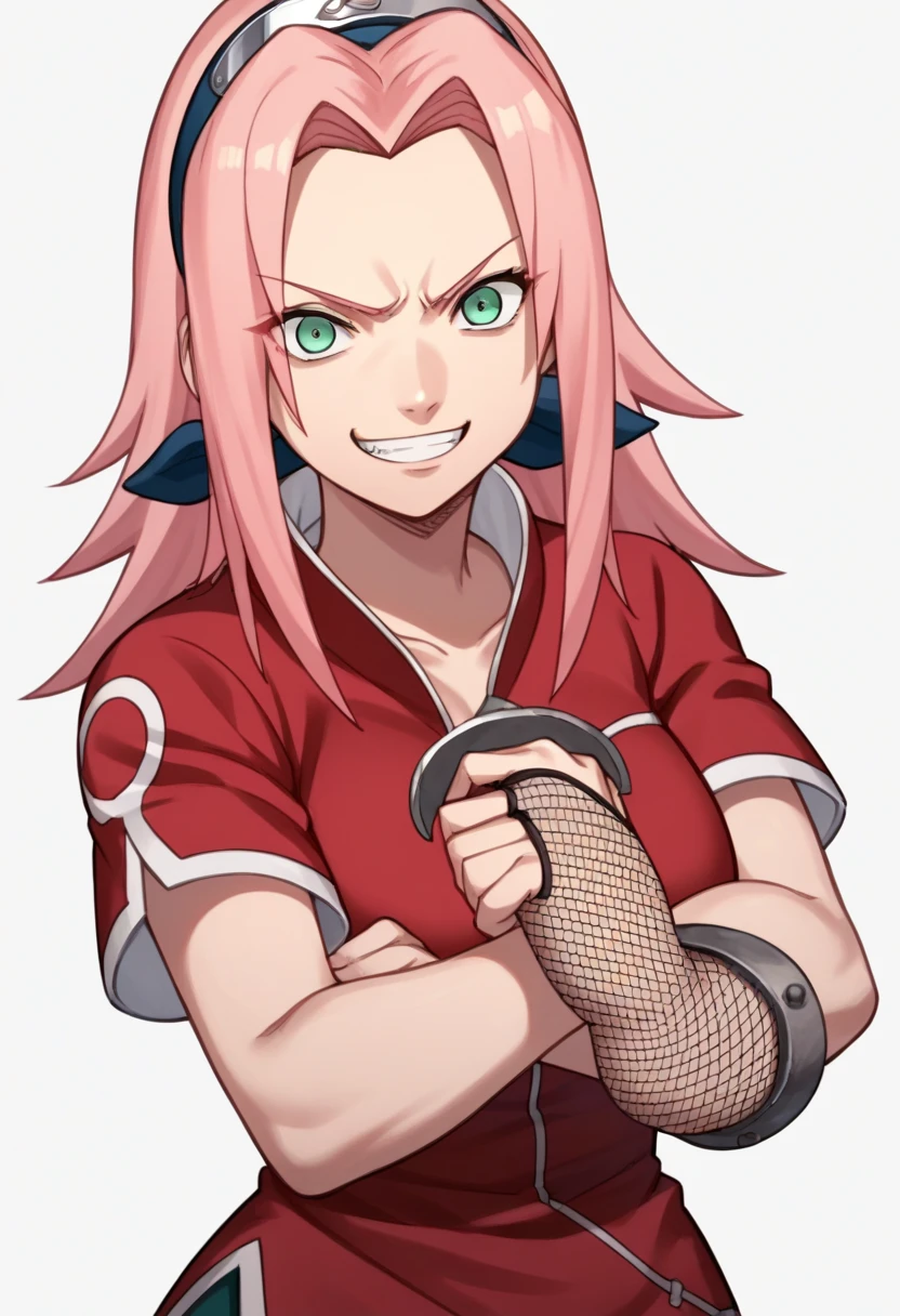 score_9, score_8_up, score_7_up, score_6_up, score_5_up, score_4_up, BREAK, source_anime, 1girl, haruno sakura, pink hair, long hair, green eyes, red shirt, red qipao, short sleeves, arms crossed, smile, upper body, looking at viewer, solo, simple background, white background, anime screencap, anime coloring, holding a blade in hand, evil expression, evil smirk, showing teeth, very evil facial expression, big breasts, side angle POV, show full body, huge breasts, red heels, fishnets, full body POV, fishnets around legs