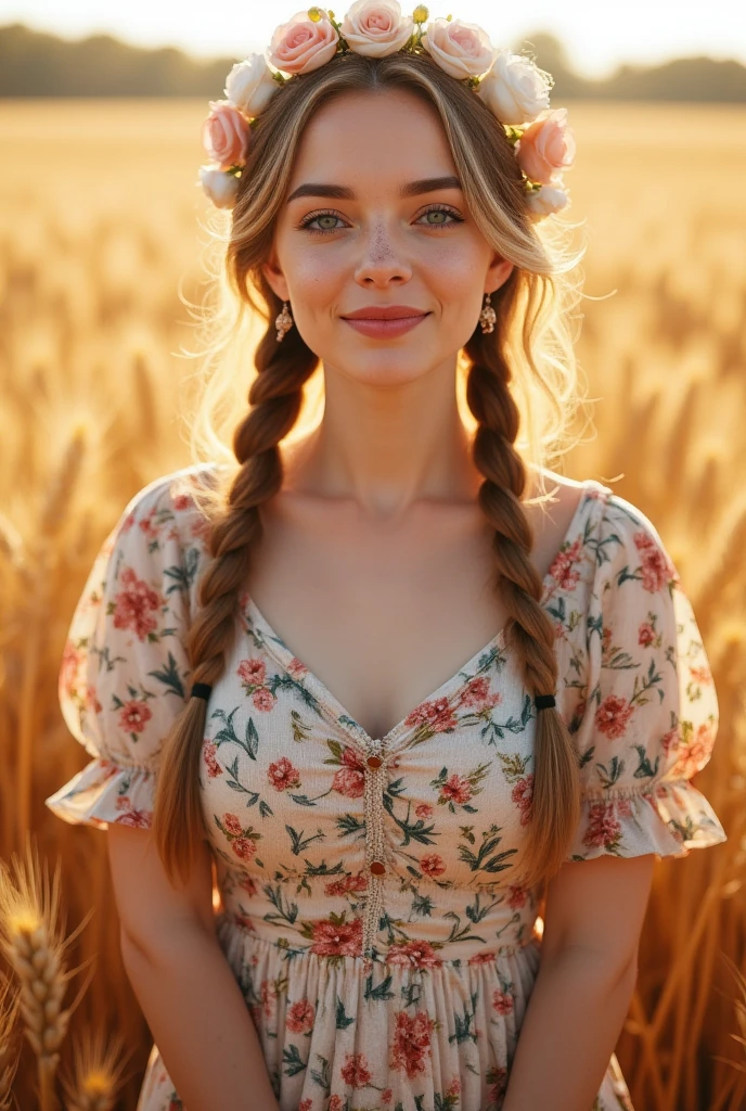 full body, 25 y.o. woman in a simple vintage 1850s peasant dress with a playful colorful floral pattern knee-length, (smirk:1.2), model face, blue eyes, earrings, necklace, big breasts, posing waist-high with a joyful, carefree expression, freckles, skin pores, twin braid hair, long hair, wearing a flowers wreath (oval-shaped face, smooth and broad forehead, straight and refined nose, high and prominent cheekbones, full lips with a pronounced Cupid's bow, strong jawline, slightly pointed chin:1.2 ) golden hour, wheat field, captured from a front view highlighting a nostalgic and cheerful composition, playful pose, photorealistic, soft vibrant colors, ultra detailed, sharp focus, studio photo, intricate details, highly detailed. 