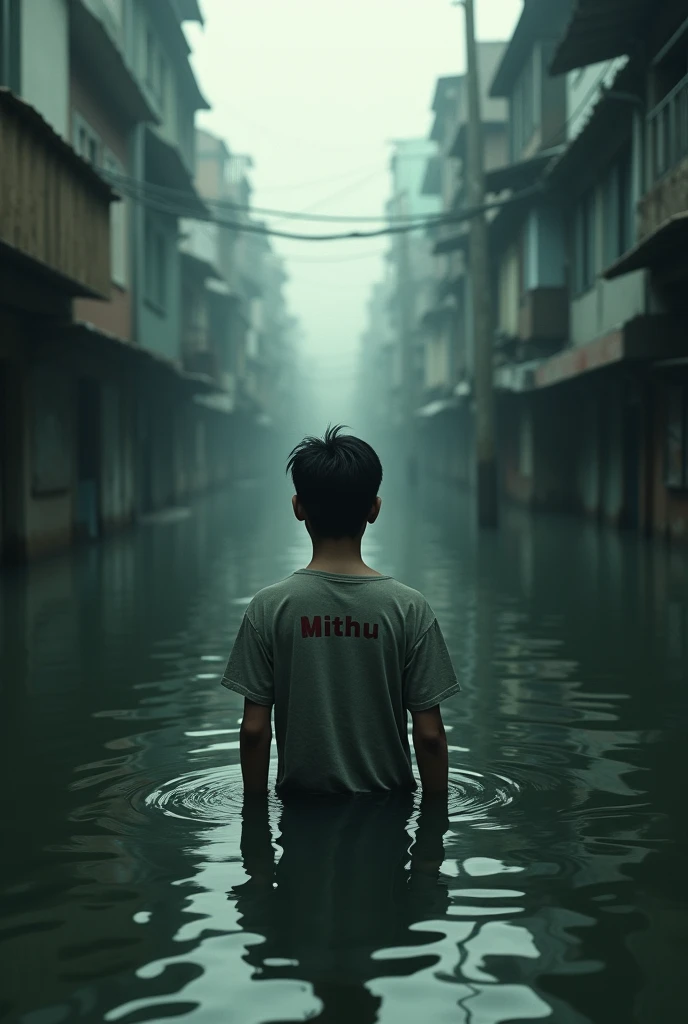  A boy alone in a road When it was raining a sad pose With name SaiKath  with  the name Saikath  write the name in the back of the shirt 