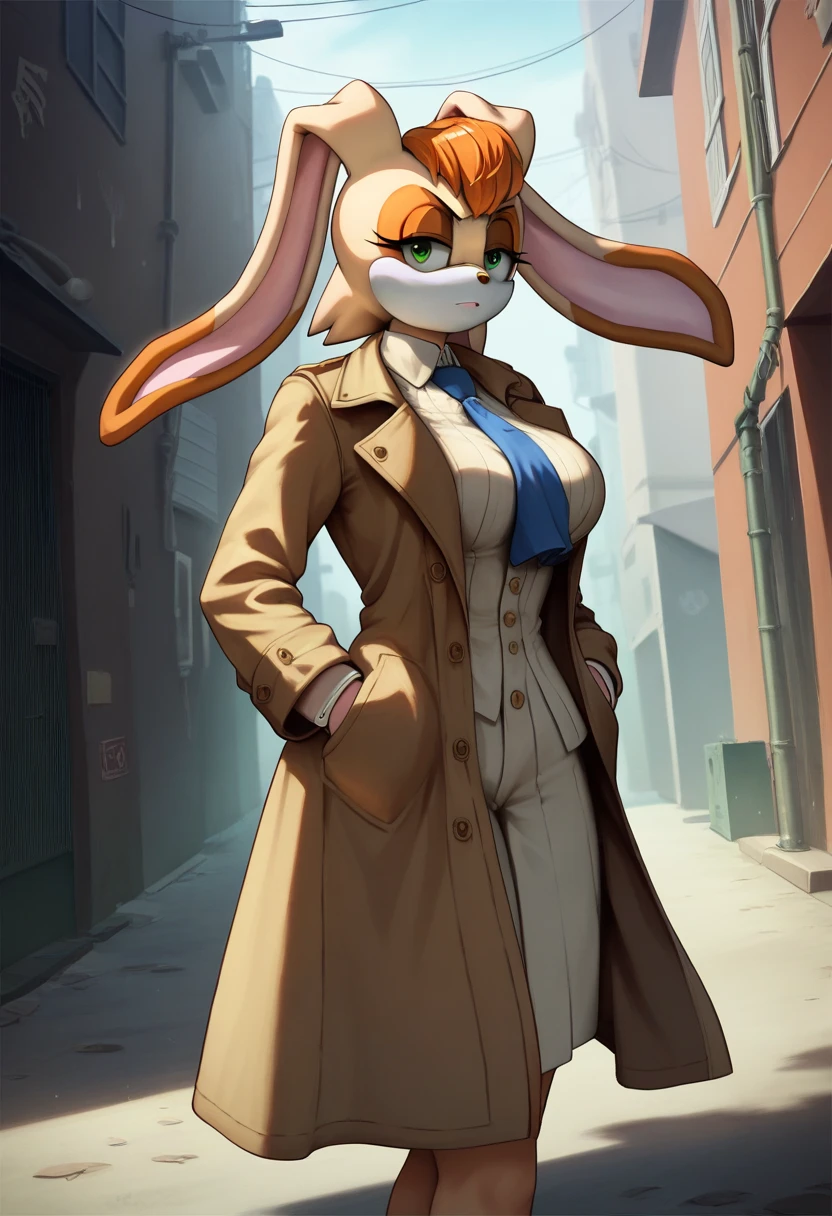 (( masterpiece ),  anatomy, Detailed,  high contrast,  backlight), Vanilla the rabbit , mobian, facial markings, serious face, Color directo,  bright green eyes, breasts, has, trenchcoat, open coat,  hand in the pocket , Alley, wind, It is raining,  angle Dutch three-quarter portrait, Background character , Silhouette, Detailed background