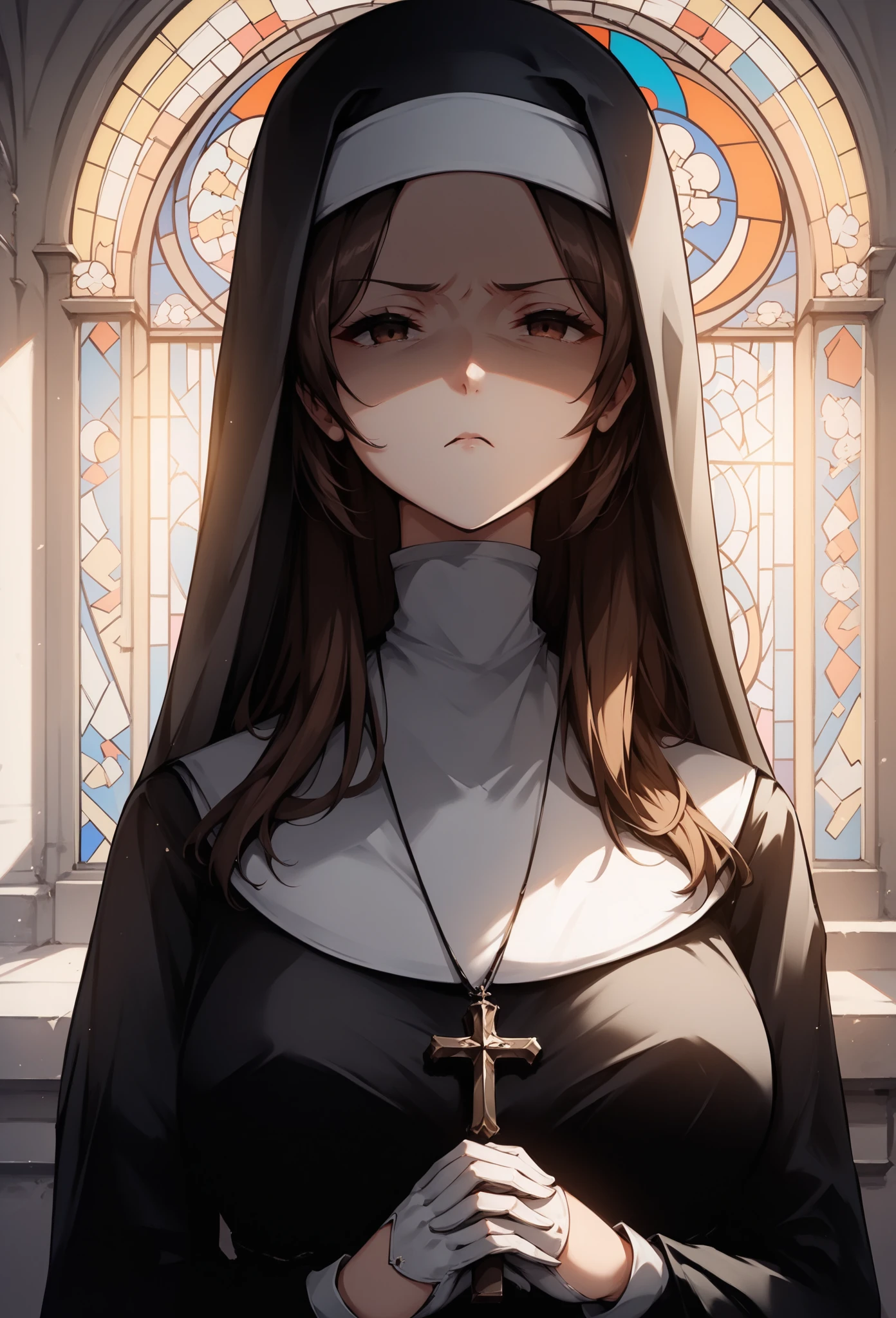 Anime-style character, source_anime,  unaestheticXL_cbp62 , neolight, backlighting, light rays, 1girl, adult woman, beautiful, best perfect anatomy, A pale anime mature woman, nun (black nun habit, white glove), 1 woman, lonely, round cheeks, chocolate brown eyes, long hair, deep brown hair, straight hair, waist length hair, Pretty Face, Shaded Face, Pout face, disgusted face, serious look, annoyed expression, Jealous, cute, looking a view, medium Up, Single Shot, Shoulder Level Shot, Shooting from the person,(background : stained glass, church, arch),