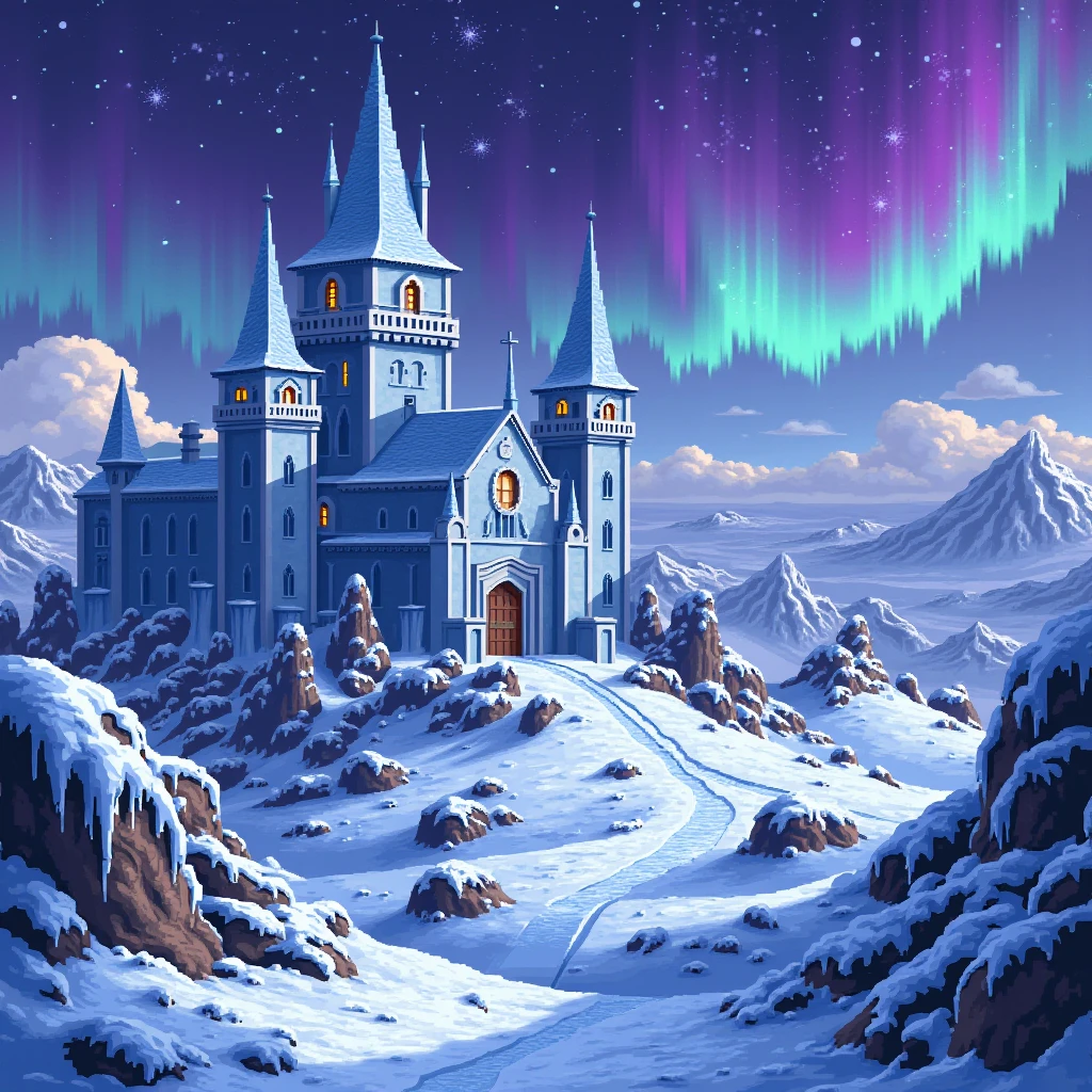 The image is a C64 pixel style illustration of, a intricate detailed pixel art, ice kingdom, snow-covered landscape, magical frozen castle, icicle formations, glowing aurora borealis, fantasy winter wonderland, ethereal atmosphere, vibrant colors, highly detailed, 8k, cinematic lighting, digital art