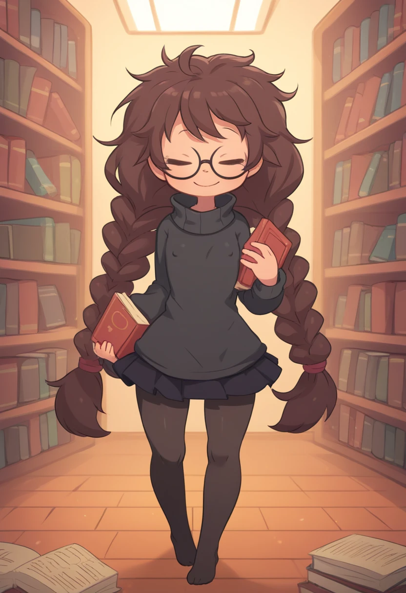  girl, young, full body, (solo 0.6), dark brown hair, braids, twintails, messy braids, puffy hair, messy hair, very long hair, skinny body, skinny legs, skinny thighs, slender body, thin waist, flat chest, indoors, (solid black sweater 0.9), black sweater, solid black skirt,  black clothing, medium length skirt, knee length skirt, black pantyhose, glasses, eyes closed, laughing, pov, walking away, carrying a stack of books, holding books, books, piles of books, in a library, big eyes, hard erect nipples, cute,