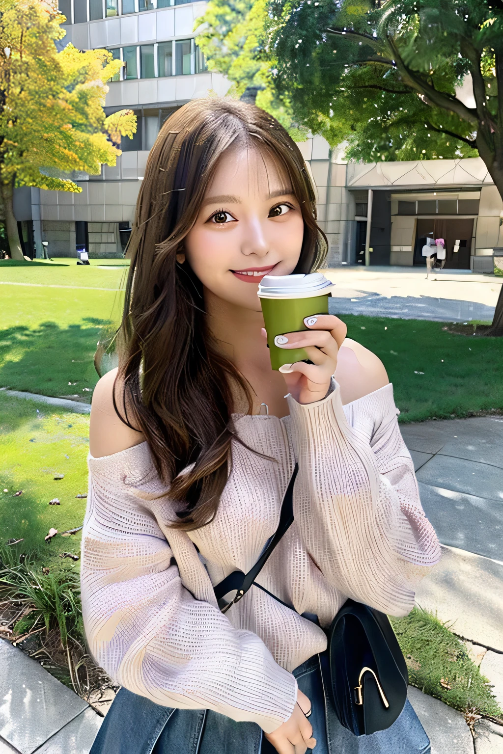 A charming and friendly college girl sitting outdoors on a sunny university campus. She has wavy chestnut brown hair cascading over her shoulders, bright green eyes, and a gentle smile. She is wearing a casual yet stylish outfit, featuring a light pink sweater, a denim skirt, and white sneakers. She holds a cup of coffee in one hand and a notebook in the other, as if she's taking a break between classes. The background includes a grassy lawn, trees, and a modern university building, with students chatting in the distance. The atmosphere is lively and cheerful, with an emphasis on her youthful and vibrant appearance