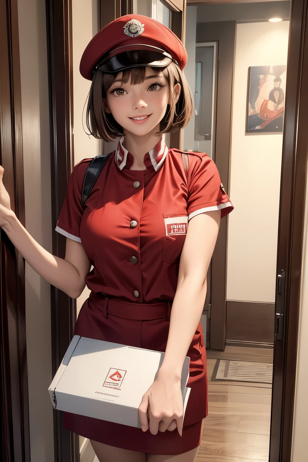 score_8, A young woman with bright brown bob-cut hair, wearing a red delivery uniform and matching cap. (She is holding a pizza box:1.2), smiling confidently with sharp eyes, and slightly leaning forward as if handing over the pizza. The background is warm-lit, suggesting a welcoming apartment hallway. Perfect composition, professional quality, high resolution