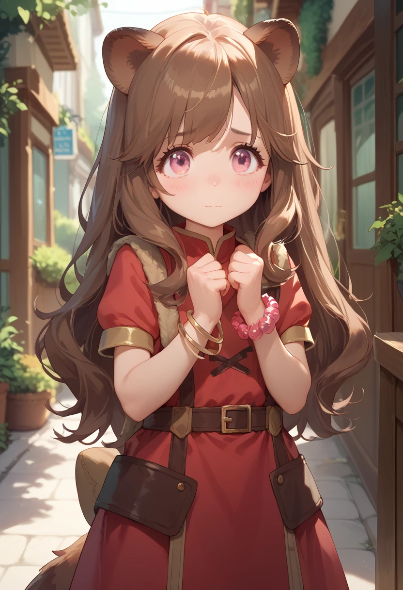 ((masterpiece)), 1girl, solo, long hair, brown raccoon ears, brown raccoon tail, pink eyes, standing, shy, brown hair, Red outfit, bronze outfit, multicolored outfit, bracelets, cute, anime style, young, very young.