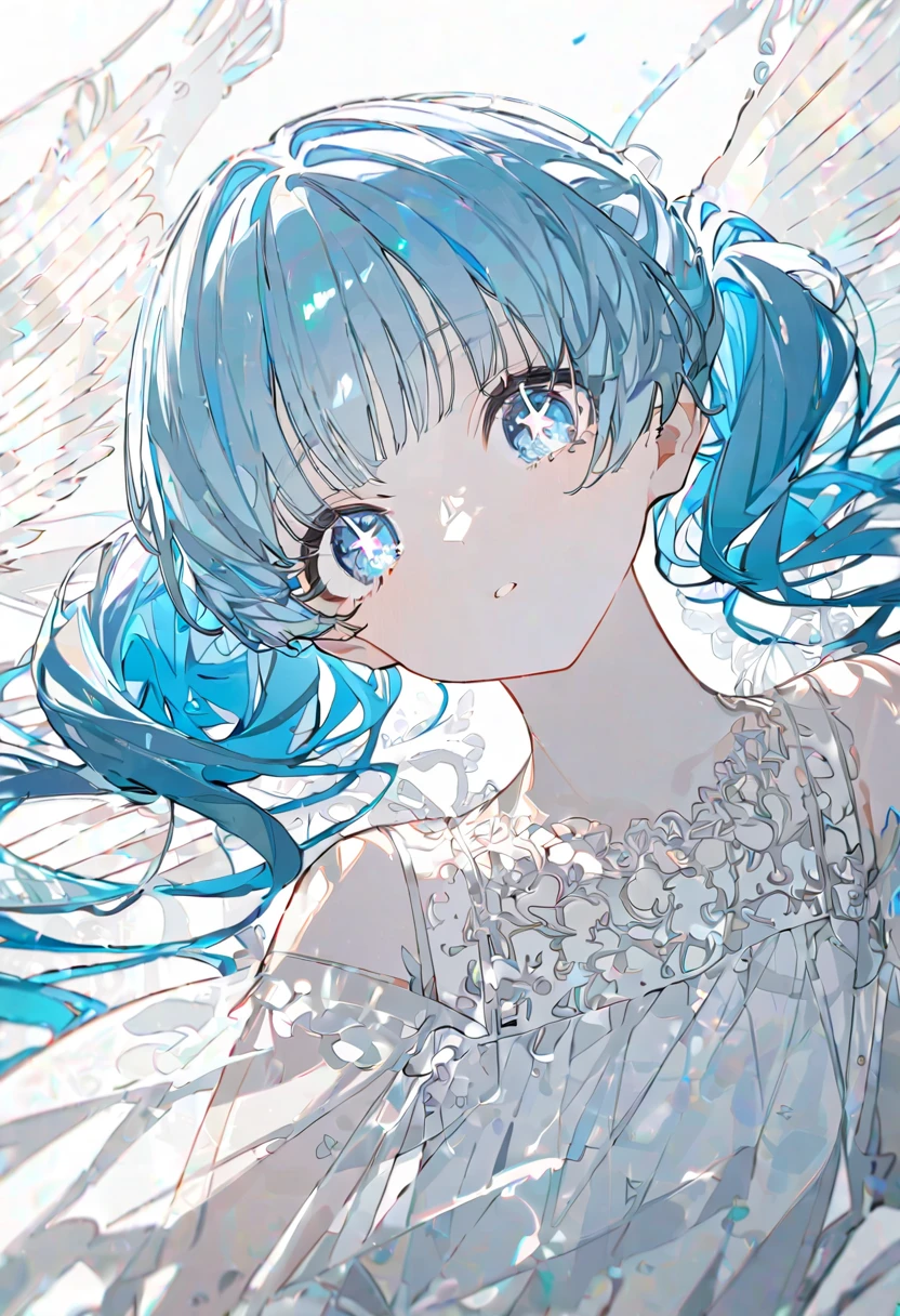 best quality, beautiful, absurdres, woman, HatsuneMiku, neutral, sitting on the floor, looking at viewer, long twin tail hair, white sky blue hair, with sparkling eyes, white eyes, eyes open, pale skin, tall, dress, teenager, white background, beautiful, soft lines, upper body, from side, overhead shot, with angel wings on back,Close,transparency illustration, Calm colors