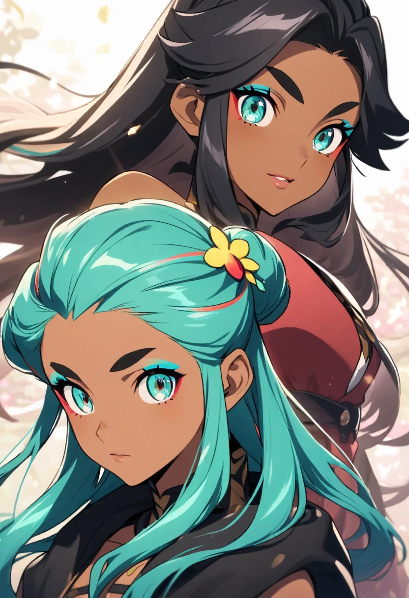 pokemonnessa, aqua eyes, eyeshadow, dark skin, dark-skinned female, hair bun, hair ornament, makeup, long hair, sidelocks, single hair bun, thick eyebrows, black hair, aqua hair, streaked hair,