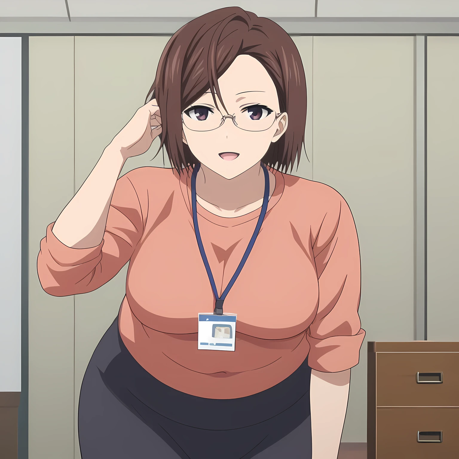 score_9, score_8_up, score_7_up, source_anime, rating_safe, intricate details, anime screencap, official style, 1girl, solo, harukosakurai, short hair, brown hair, forehead, expressionless, glasses, dark purple eyes, medium breasts, looking at viewer, office lady, white shirt, rolled-up sleeves, lanyard, pencil skirt, black skirt, smile, office, looking at viewer, cowboy shot, hand on hair, bent over fat, chubby, obese, gigantic arms and legs, large breasts open mouth, out of breath