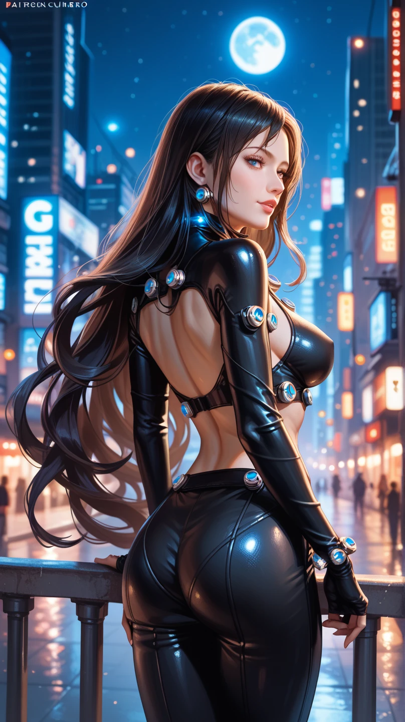 Masterpiece quality. Extremely detailed, tifa Lockhart, red cheeks, a shy smile. She's completely nude. Large tits..hourglass figure. Fair skin,huge buttocks. she's in standing alluringly. Luminous lighting、cyberpunk rooftop background、Exquisite details. Intricately detailed. Alluring. Sensual. Cute smile. Full body portrait
