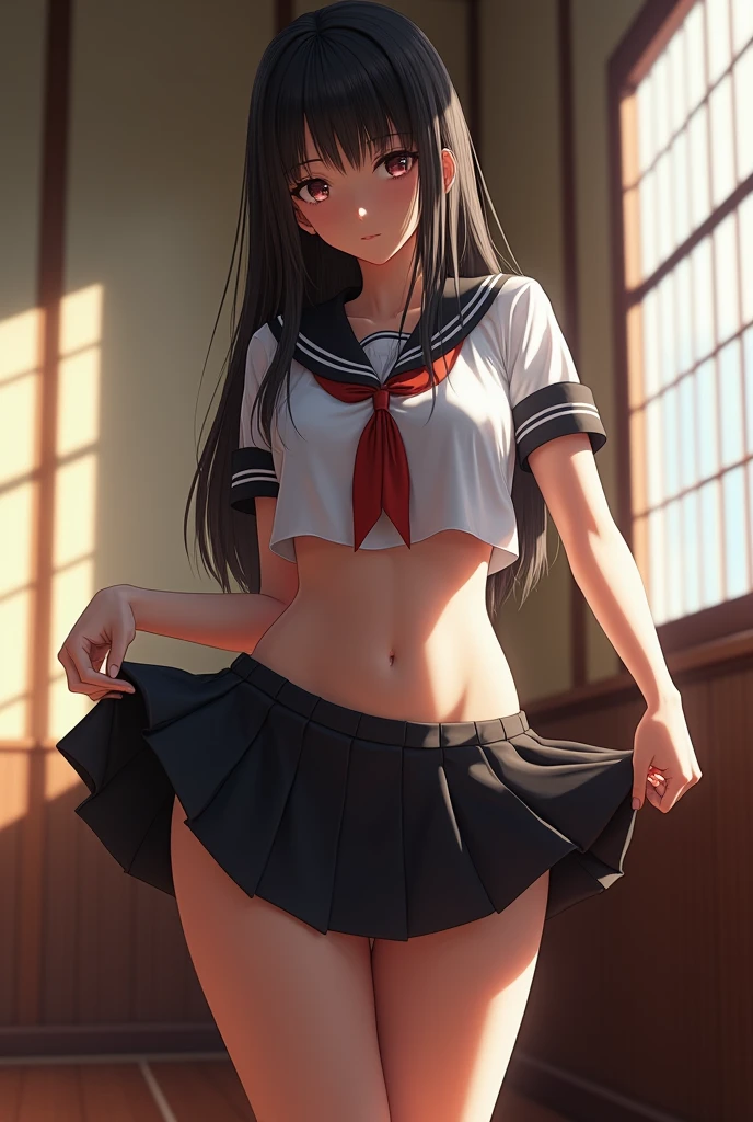 nsfw,alone, (One girl),  high school girl,single,  , ((White panties)), (wearing only the top half of sailor school uniform), Sailor with un-folded hems,  sexy, (Cowboy Shot),  ((Put your arms behind your head)), classroom, With a girl：Her hair is long and black, Her face is round and cute, Black Hair, Low twin tails, (Are standing),(Shy, Embarrassing),