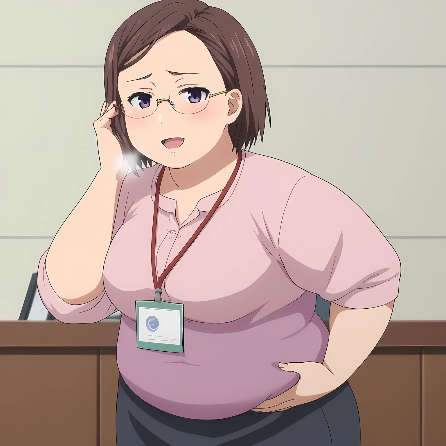 score_9, score_8_up, score_7_up, source_anime, rating_safe, intricate details, anime screencap, official style, 1girl, solo, harukosakurai, short hair, brown hair, forehead, expressionless, glasses, dark purple eyes, medium breasts, looking at viewer, office lady, white shirt, rolled-up sleeves, lanyard, pencil skirt, black skirt, smile, office, looking at viewer, cowboy shot, hand on hair, bent over bulging belly, fat, chubby, obese, open mouth, out of breath, absurdres, highres icon, rating:General, confused, blush, {flustered}, nervous sweating, portrait, pov hands, hand on another's belly, averting eyes, [looking away], straight-on, from below, swollen face, masterpiece, best quality, ultra-detailed, high resolution, 8K, 