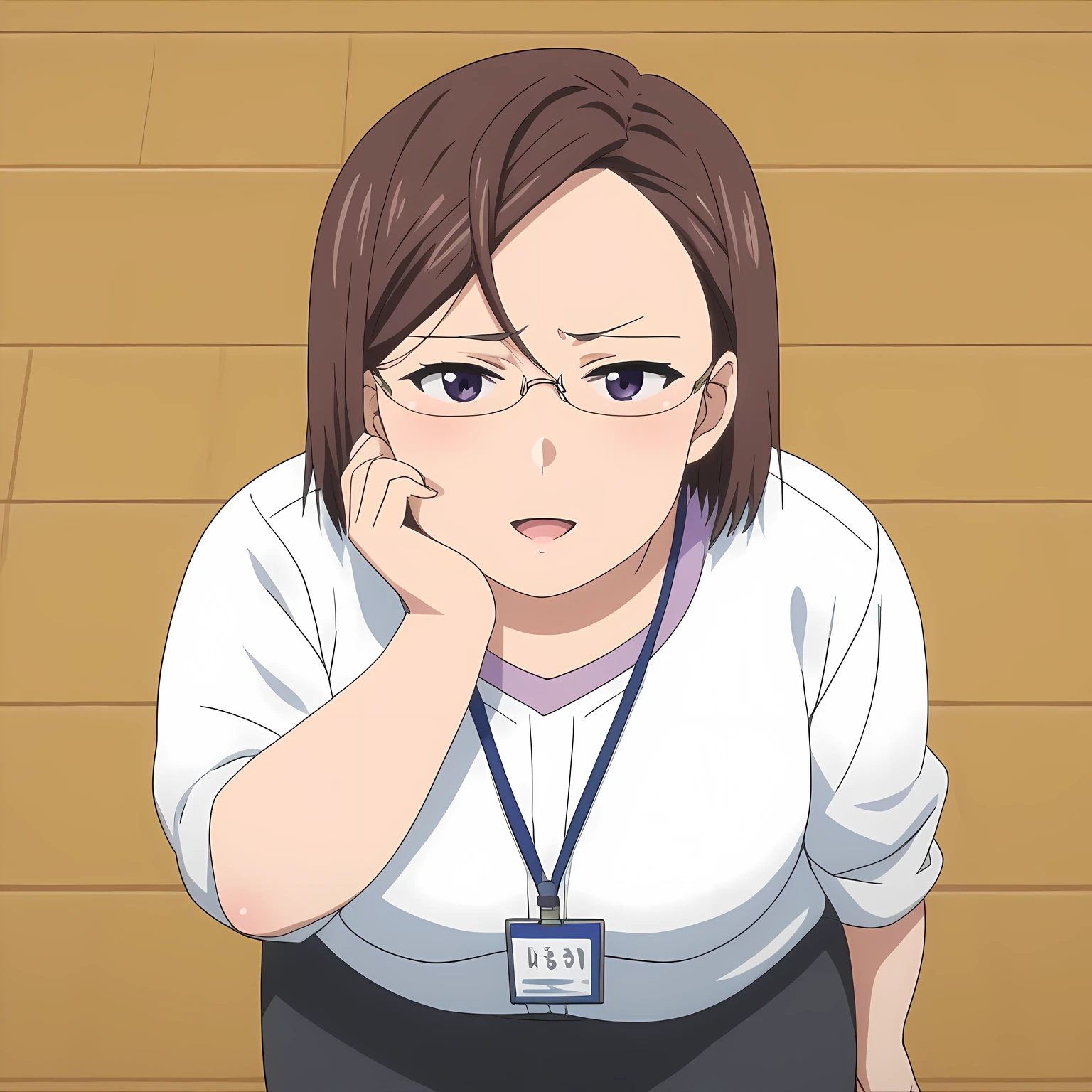 score_9, score_8_up, score_7_up, source_anime, rating_safe, intricate details, anime screencap, official style, 1girl, solo,  harukosakurai, short hair, brown hair, forehead, expressionless, glasses, dark purple eyes, medium breasts, looking at viewer, office lady, white shirt, rolled-up sleeves, lanyard, pencil skirt, black skirt, smile, office, looking at viewer, cowboy shot, hand on hair, bent over swollen face, fat, chubby, obese, open mouth, out of breath, absurdres, highres icon, rating:General, confused, blush, {flustered}, nervous sweating, portrait, pov hands, hand on another's cheek, averting eyes, [looking away], straight-on, from above,  upper body, masterpiece, best quality, ultra-detailed, high resolution, 8K, 