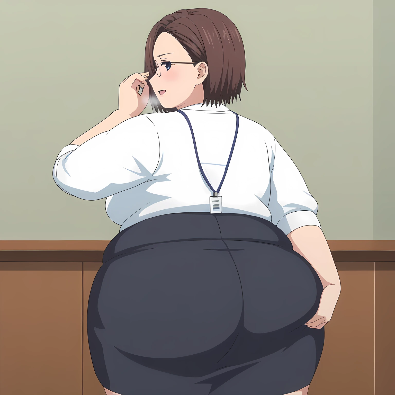 score_9, score_8_up, score_7_up, source_anime, rating_safe, intricate details, anime screencap, official style, 1girl, solo, harukosakurai, short hair, brown hair, forehead, expressionless, glasses, dark purple eyes, medium breasts, looking at viewer, office lady, white shirt, rolled-up sleeves, lanyard, pencil skirt, black skirt, smile, office, looking at viewer, cowboy shot, hand on hair, bent over huge ass, fat, chubby, obese, open mouth, out of breath, absurdres, highres icon, rating:General, confused, blush,, {flustered}, nervous sweating, portrait, pov ass, hand on another's ass, averting eyes, [looking away], straight-on, from behind, swollen face, bulging belly, looking back at viewer, ass grab, masterpiece, best quality, ultra-detailed, high resolution, 8K, 