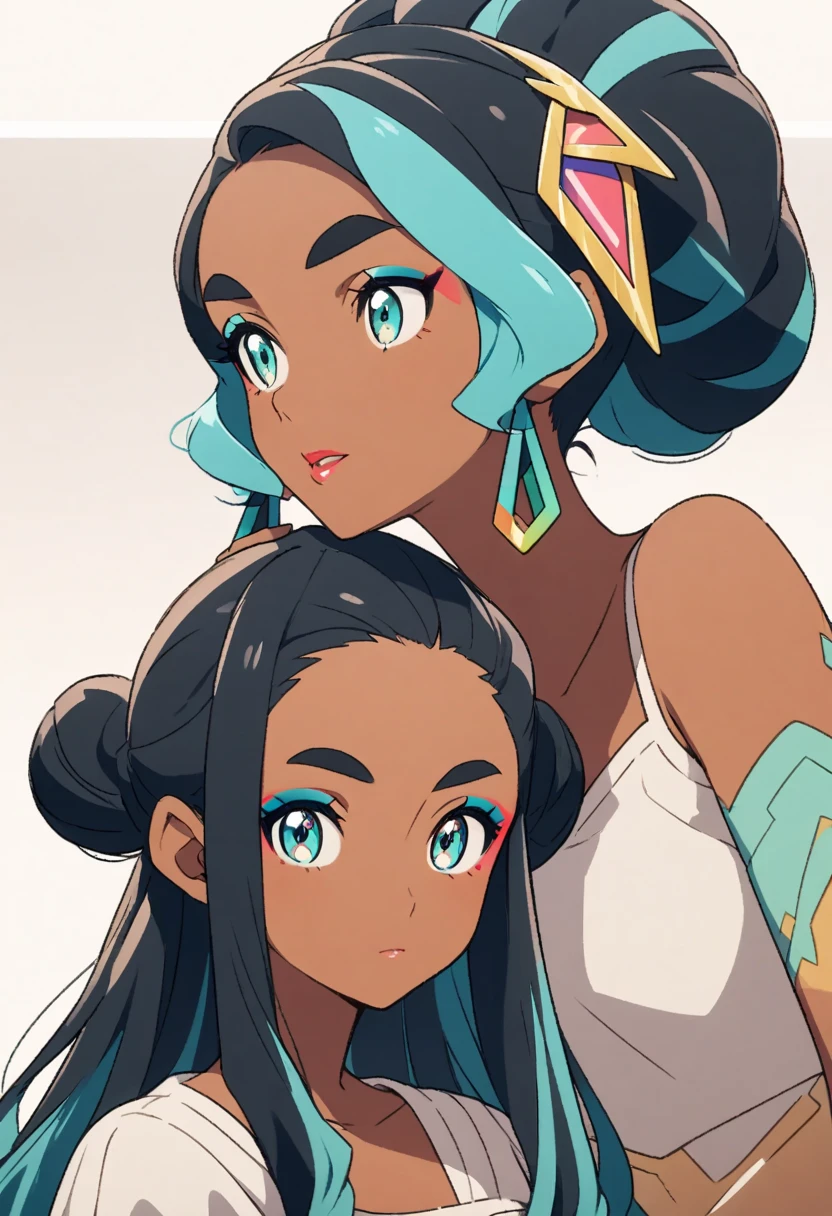 Illustration of a woman、pokemonnessa、pokemonnessa, aqua eyes, eyeshadow, dark skin, dark-skinned female, hair bun, Hair Ornament, makeup, long hair, sidelocks, single hair bun, thick eyebrows, black hair, aqua hair, streaked hair,