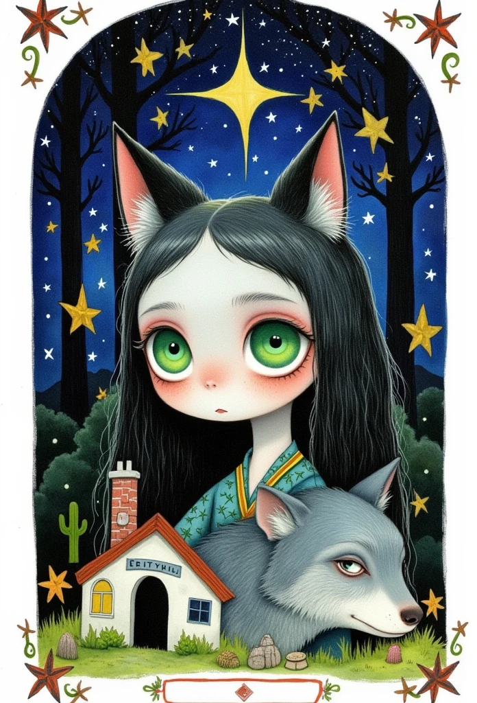       beautiful logo on the back of the tarot card in the center of the white background， with a large female eye ，The pupils are green，Reflects the dark forest ， with the head of a gray wolf and a house , painting \(medium\) , ночное Sky и галактика,       One star                 \(Sky\),                 One star                 \(symbol\),     watercolor \(medium\),     ночное Sky и галактика,  lots of white background and tarot frame   