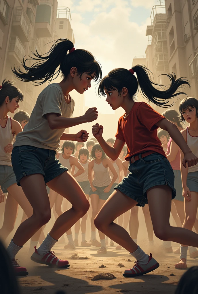 A wrestling fight between 2 teenage Indian girls at school . In skirts. With anger in face. In school playground. Other students cheering them