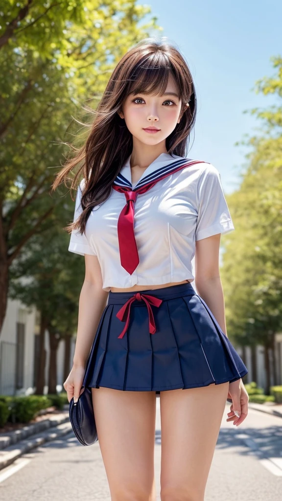 top-quality,ultra-detailliert,masterpiece,realisitic,Photo Real,Bright lighting,1 girl in, an extremely beautiful , (kawaii:1.2),Thin smile, (Brown eyes),(brown haired),(bangss),perfect glossy skin,flawless skin,((erotick,Sexy and sexually explicit)),((accurate hands without incongruity)), large full breasts,big breasts thin waist, Look at viewers,((a sailor suit)),((Short sleeve uniform white shirt)),(Red tie),(Blue Mini Pleated Skirt),(((skirt lift by yourself))),(lifted by self),(Showing panties),panties on,panties focus,((Sit up,spread legswide)), sockes, (Black knee socks),(Loafer shoes), during daytime,in meditation、Flesh-colored stick invades pussy。