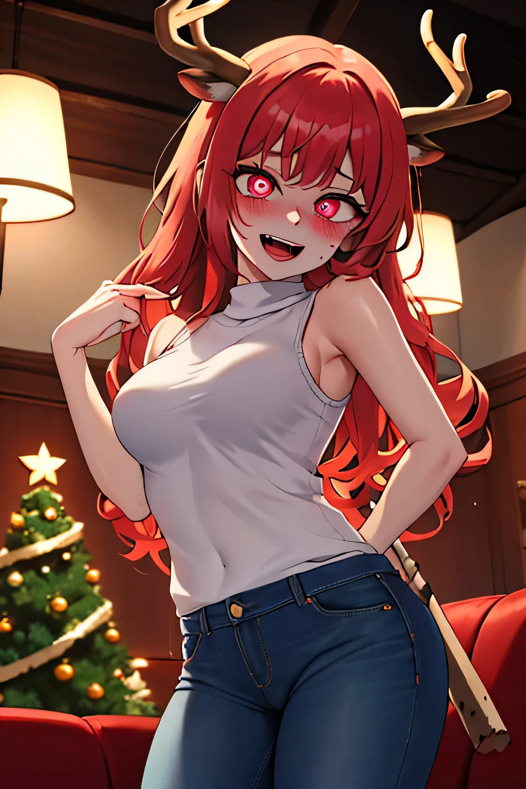 , Masterpiece, Best Quality, Hi-Res, source_anime, (good_hands:0.9) , 1girl, dark red eyes, yandere, crazy eyes, evil expression , crazy smile, red coloured hair, curly long hair, deer antler , sleeveless brown sweater, blue jeans, medium breast, curvy body, High Contrast Glossy Oily Skin, Christmas tree background, living room, standing, from front.stand, looking at viewer, dramatic shadows, cinematic lamp lighting, (light particles:0.8),yandere, blood spots , blood stain, crazy eyes, crazy smile, heart-shaped pupils, glowing eyes, symbol-shaped pupils, open mouth, glowing, blush, looking at viewer,masterpiece, best quality, very aesthetic, absurdres, newest