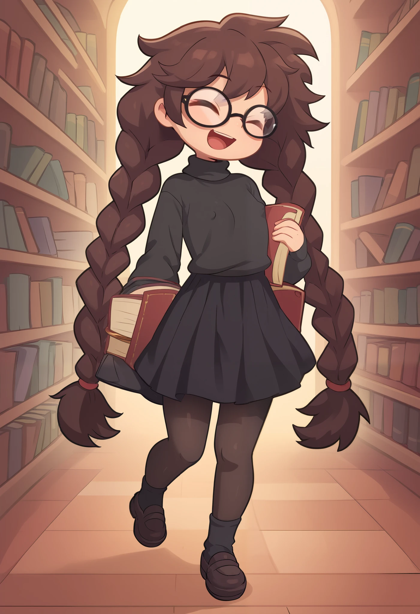 Small girl, young, full body, (solo 0.6), dark brown hair, braids, twintails, messy braids, puffy hair, messy hair, very long hair, skinny body, skinny legs, skinny thighs, slender body, thin waist, flat chest, indoors, (solid black sweater 0.9), black sweater, solid black skirt,  black clothing, medium length skirt, knee length skirt, black pantyhose, glasses, eyes closed, laughing, pov, walking away, carrying a stack of books, holding books, books, piles of books, in a library, big eyes, hard erect nipples, cute,