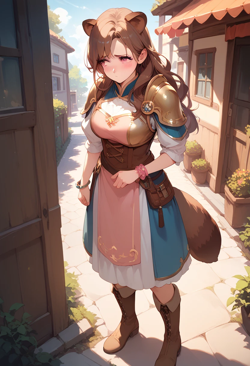 ((masterpiece)), 1girl, solo, long hair, brown raccoon ears, brown raccoon tail, pink eyes, standing, shy, brown hair, shoulder armor, boots, blush, pout, looking away, bracelets, cute, anime style, mature woman. 