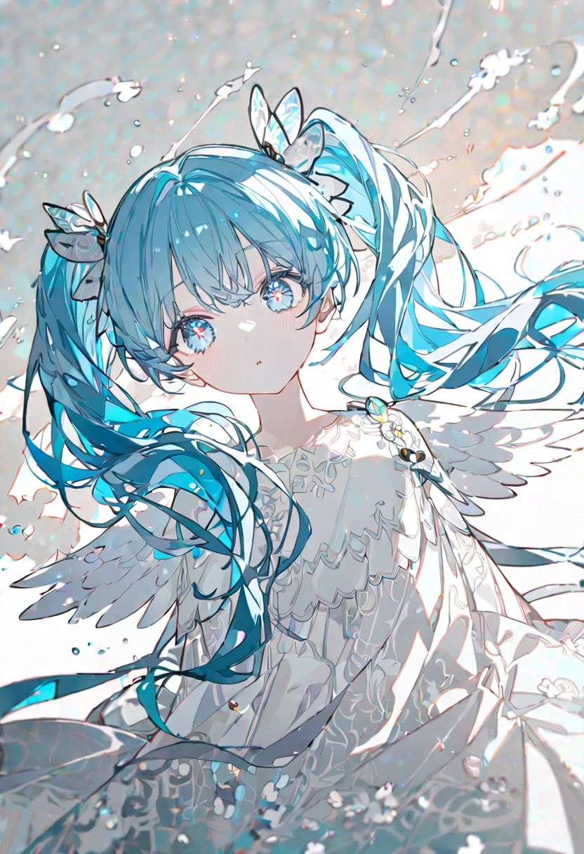 best quality, beautiful, absurdres, woman, HatsuneMiku-Vocaloid, neutral, sitting on the floor, looking at viewer, long twin tail hair, white sky blue hair, with sparkling eyes, white eyes, eyes open, pale skin, tall, dress, teenager, white background, beautiful, soft lines, upper body, from side, overhead shot, with angel wings on back,Close,transparency illustration, Calm colors