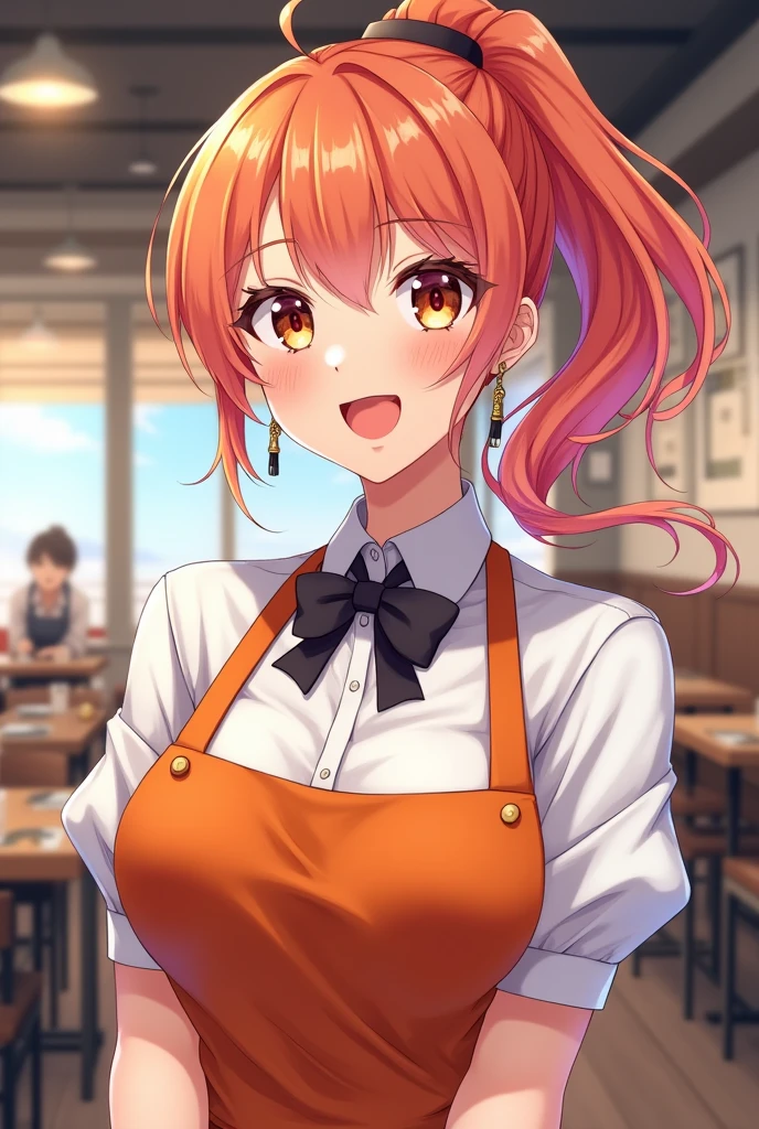 (restaurant, Waitress, standing, Tray in hand:1.2), (tight fit clothes:1.2), (Tight white vest:1.4), (Wear a white vest over a naked body:1.1), (Delicate orange-orange yoga shorts:1.4), (Wear orange yoga shorts over pantyhose),(Owl print on vest), (Hanging neckline:1.2), bare shoulders, Plump thighs,