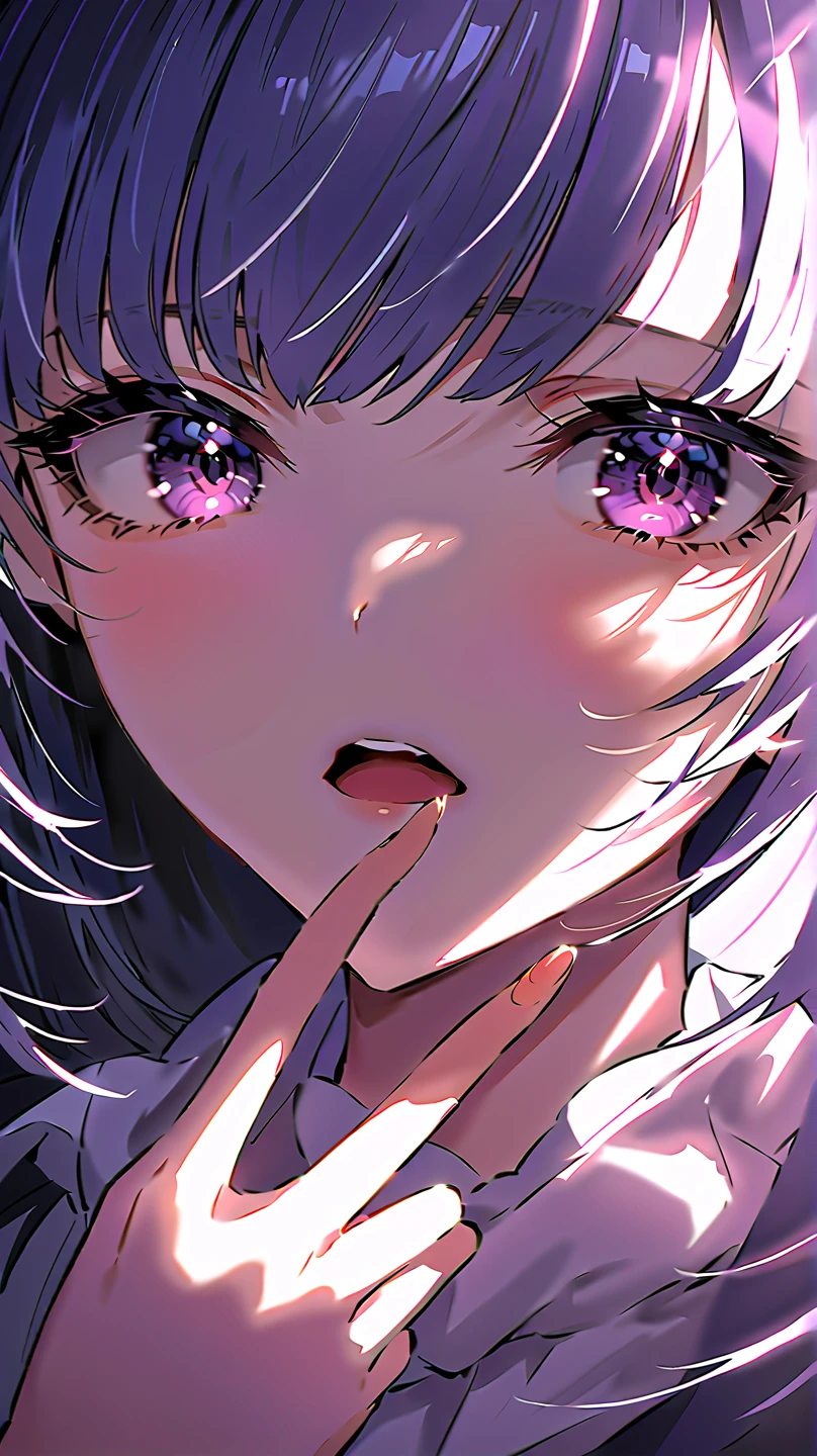 ((  Masterpiece )), (( best quality)),  cinematic lighting, ( sharp concentration), (Perfect light), young Girl, big eyes, ( has long eyelashes), (( Buggy Eye )),  open her mouth , Pull your mouth with your index finger ,