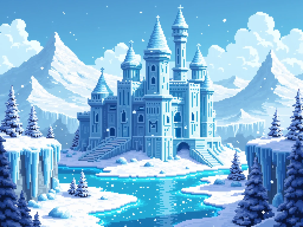 pixel art, ice kingdom, frozen palace, crystalline ice structures, frosty spires, snow-covered landscape, glowing ice blue, frosty glow, snowflakes falling, glistening ice, icy river, frozen trees, shimmering snow, sharp ice formations, frozen lake, sparkling icicles, cold wind, glacial mountains, ice sculptures, magical winter, snowy expanse, ethereal atmosphere, winter wonderland, snow-covered peaks, icy cliffs, enchanted ice, crystalline forest, cold mist, majestic ice castle, frost-covered towers, snowdrift paths, shimmering frost, winter sunlight, pixelated, blocky texture, low resolution, retro style