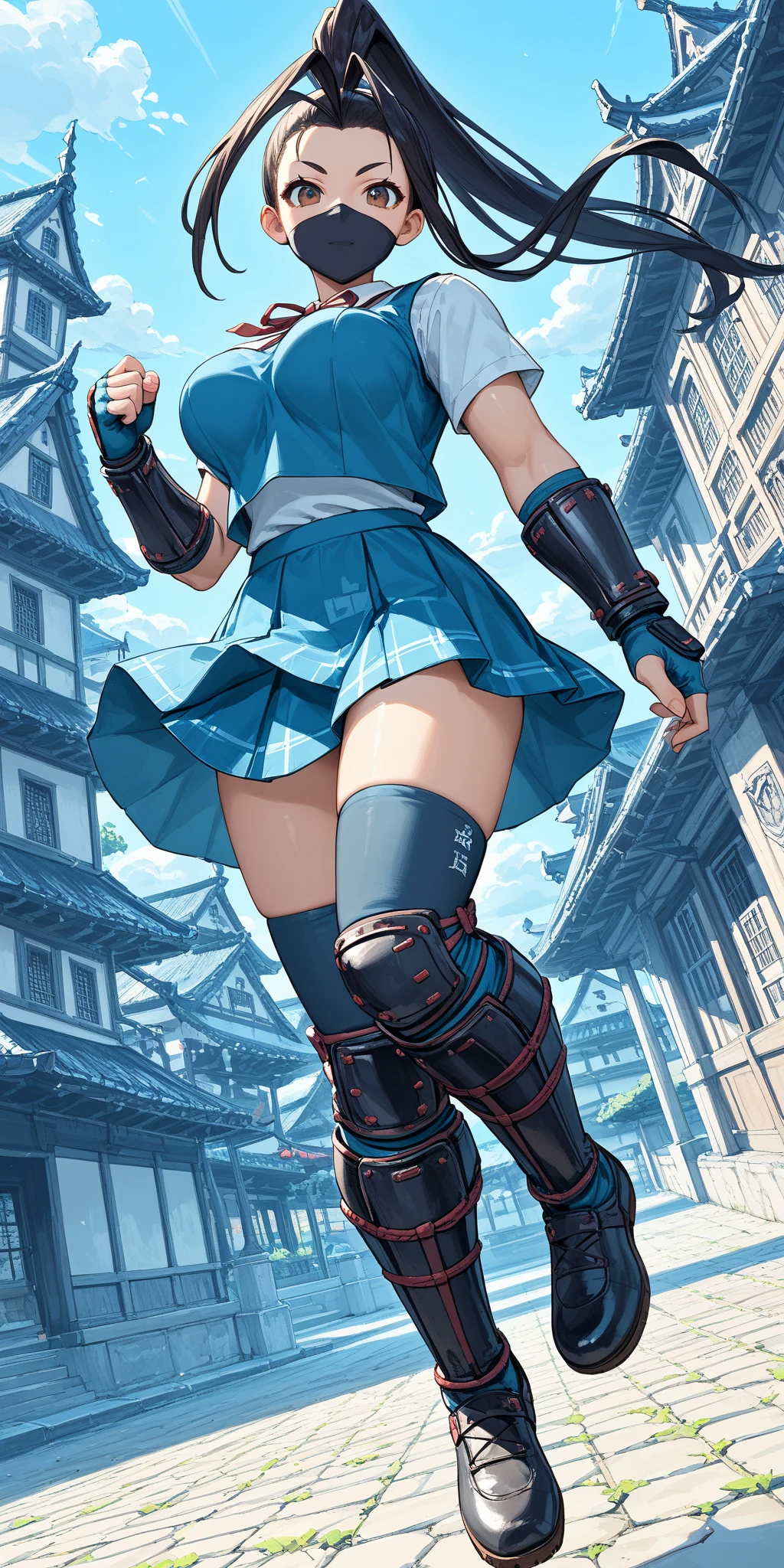 ,solo,1girl\(IbukiSF,cute,kawaii,big breast,long hair,skirt,big eyes,black hair,thighhighs,gloves,brown eyes,very long hair,(school uniform),ponytail,fingerless gloves,armor,(black mask),antenna hair,japanese armor,knee pads,kote,shin guards,ibuki\(street fighter\),dynamic action, (dynamic pose:1.3), (jumping:1.5),(in the air:1.4),(aerial action:1.3),muscular,seductive, glamorous\). (from below:1.3), background\(cute little 1tanuki,(many kunai:1.3) shot toward viewer,street of old (kyoto) temple\),(dynamic angle:1.3), Dutch angle. score_9, score_8_up, score_7_up, score_6_up, score_5_up, score_4_up, source_anime,source_furry,rating_safe,rating_questionable,masterpiece, best quality, perfect anatomy , very aesthetic , absurdres ,