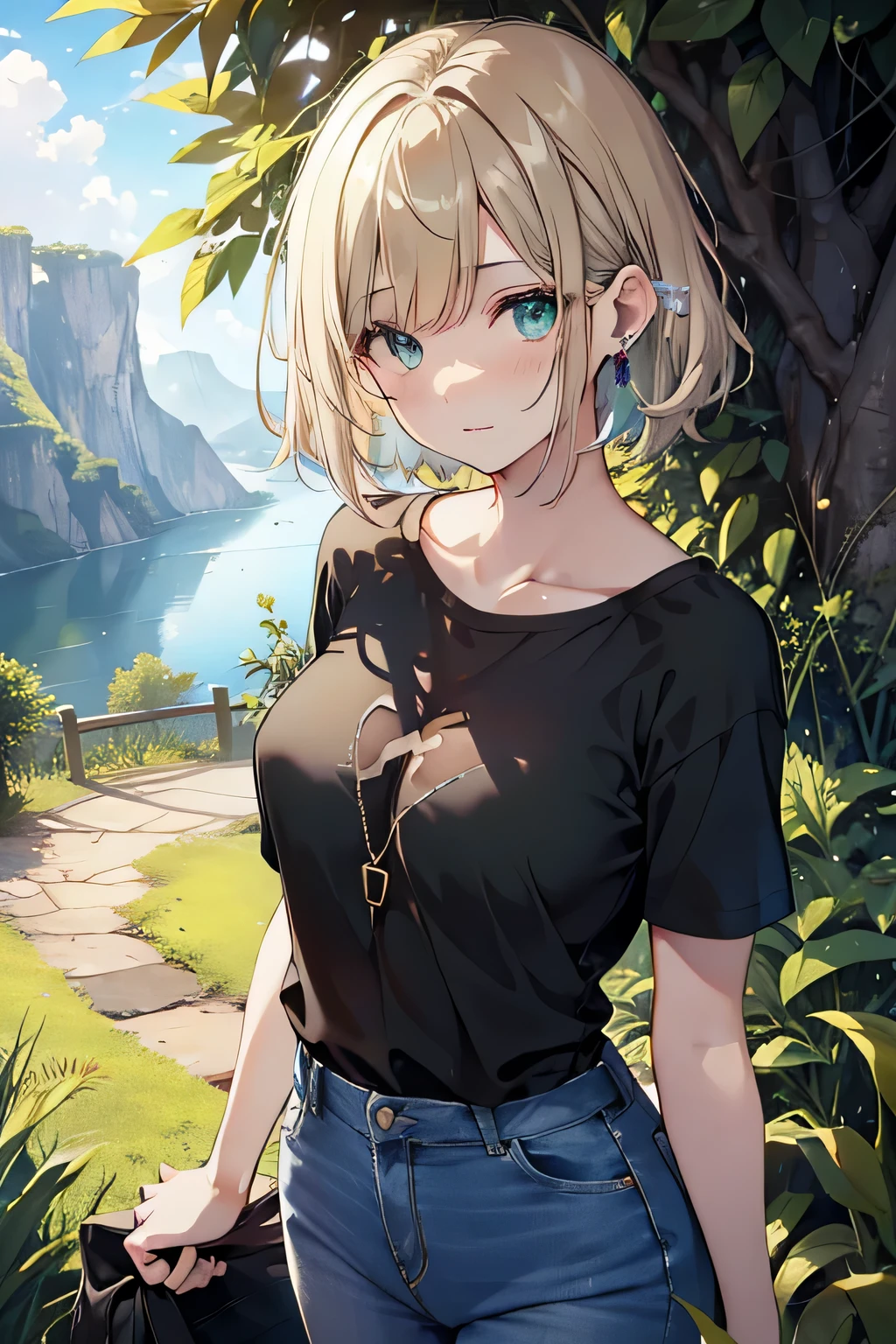  looking for something in an absurd ,  ultra-detailed,  bright color ,  Extremely Beautiful Detailed Animated Faces and Eyes,green_null, Built, Bush, cliff, Cloud, cloudy_null, ,   I love moving  , Grass is overgrown,  horizon ,  they want ,  Jungle, lake, lens_Flare, Light_light, Mont, Natural, Outdoors, path, loose_tree road,  Scenery, Skynull, sun, Sun'light, sunLights, sunet, The tree, tree_shade, water,  Tight Jeans ,  Black T Shirt , walk ,(深いgreenい目:1.3), depth of writing, Age 25, short hair, ,  asymmetrical bang ,  short blond hair twin tails , Sparkling Hair,  delicate and beautiful face like a prostitute, blush、 white skin,  hair clips,  earrings for a woman alone,