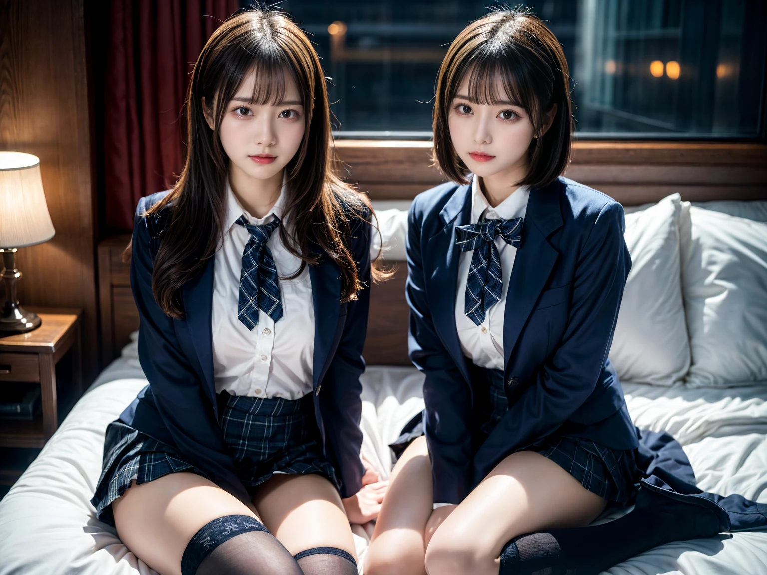 (8K, Raw photography, top-quality, masterpiece:1.2), master piece, best quality, illustration, Super detailed, fine details, High resolution, 8K,wall paper, perfect dynamic composition,(Details High quality, realistic depiction of eyes:1.3), ((2 girls, 2 schoolgirls)), The background is a luxury hotel room、High school girl uniform、blazer 、Super Short Check Uniform Skirt、Navy blue high socks、garterbelts、Colossal tits、Disturbed uniform, Play with each other,Touching each other's bodies,Touching the body of the girl next door, short bob hair, black hair color, huge breasts, Big Natural Color Lip, bold sexy pose, (perfect body shape), crying a little、cold gaze, Beautiful makeup,glitter makeup,Cutest 18 years old, beautiful legs, hposing Gravure Idol, Voluptuous thighs