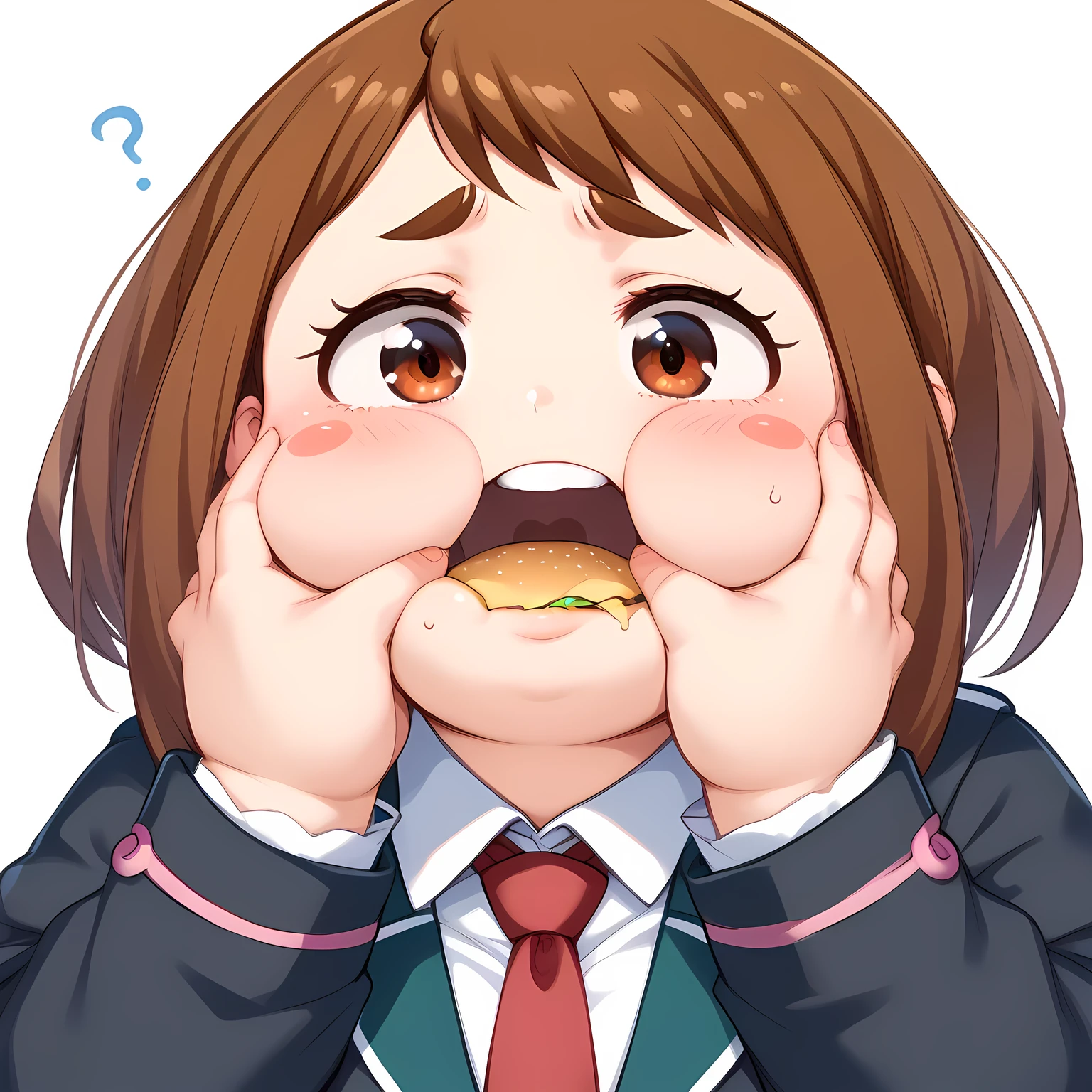 eating gurger, holdinf burger dokaguiburger, 1girl, Uraraka Ochako, thick_eyebrows blush_stickers, brown_hair, brown_eyes, short_hair, sideburns, shiny hair, medium breasts, skindentation u.a._school_uniform, grey_jacket long_sleeves, white_shirt red_necktie, mos green pleated_skirt, black stocking swollen face, fat, chubby, obese, open mouth, out of breath, absurdres, highres icon, rating:General, confused, blush, {flustered}, nervous sweating, portrait, pov hands, hand on another's cheek, averting eyes, [looking away], straight-on, from above,  upper body, masterpiece, best quality, ultra-detailed, high resolution, 8K, 