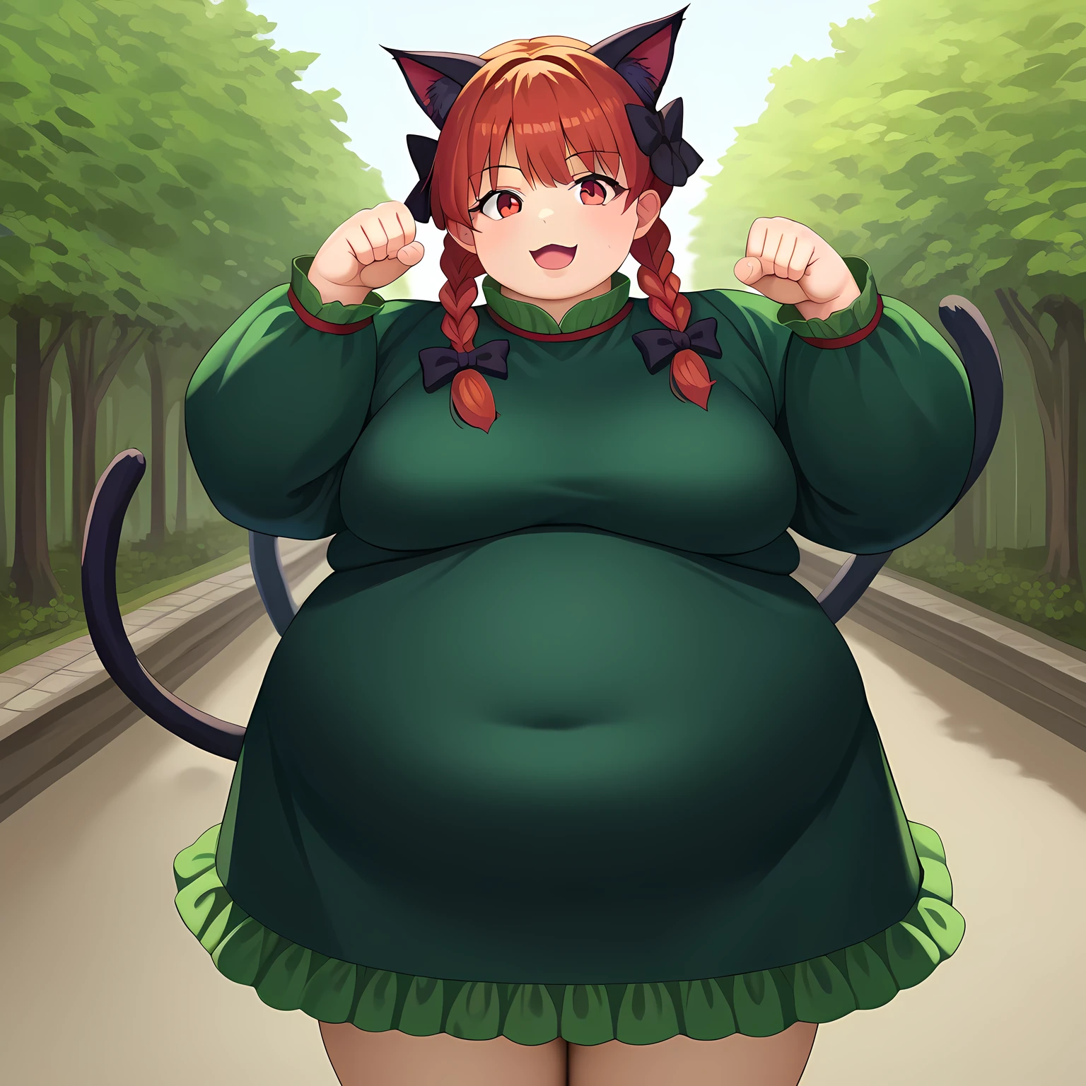 score_9, score_8_up, score_7_up, source_anime, solo, 1girl, kaenbyou rin, smile, looking at viewer, standing, paw pose, twin braids, hair bow, black bow, animal ears, green dress, long sleeves, puffy sleeves, cat tail, multiple tails, outdoors fat, chubby, obese, gigantic arms and legs, large breasts open mouth, out of breath