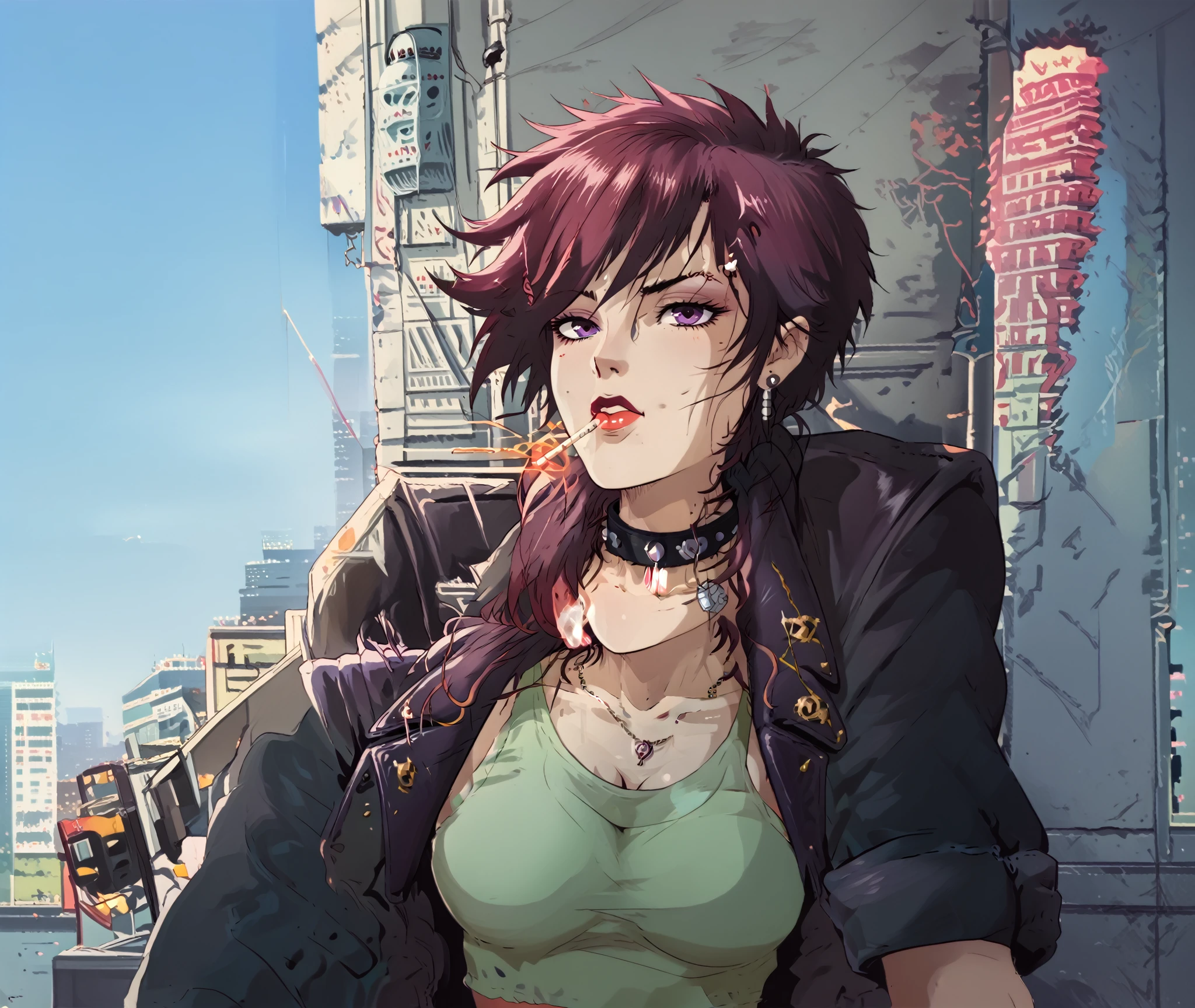 90's dark anime punk girl with aviators and long dark hair. A urban city in the background illuminates her. She wears a leather jacket over a green tank top and a choker necklace. She leans against a pillar with a cigarette in her mouth. There is an overall purple bluish tint to the scene and is zoomed out to show her and the city backdrop.