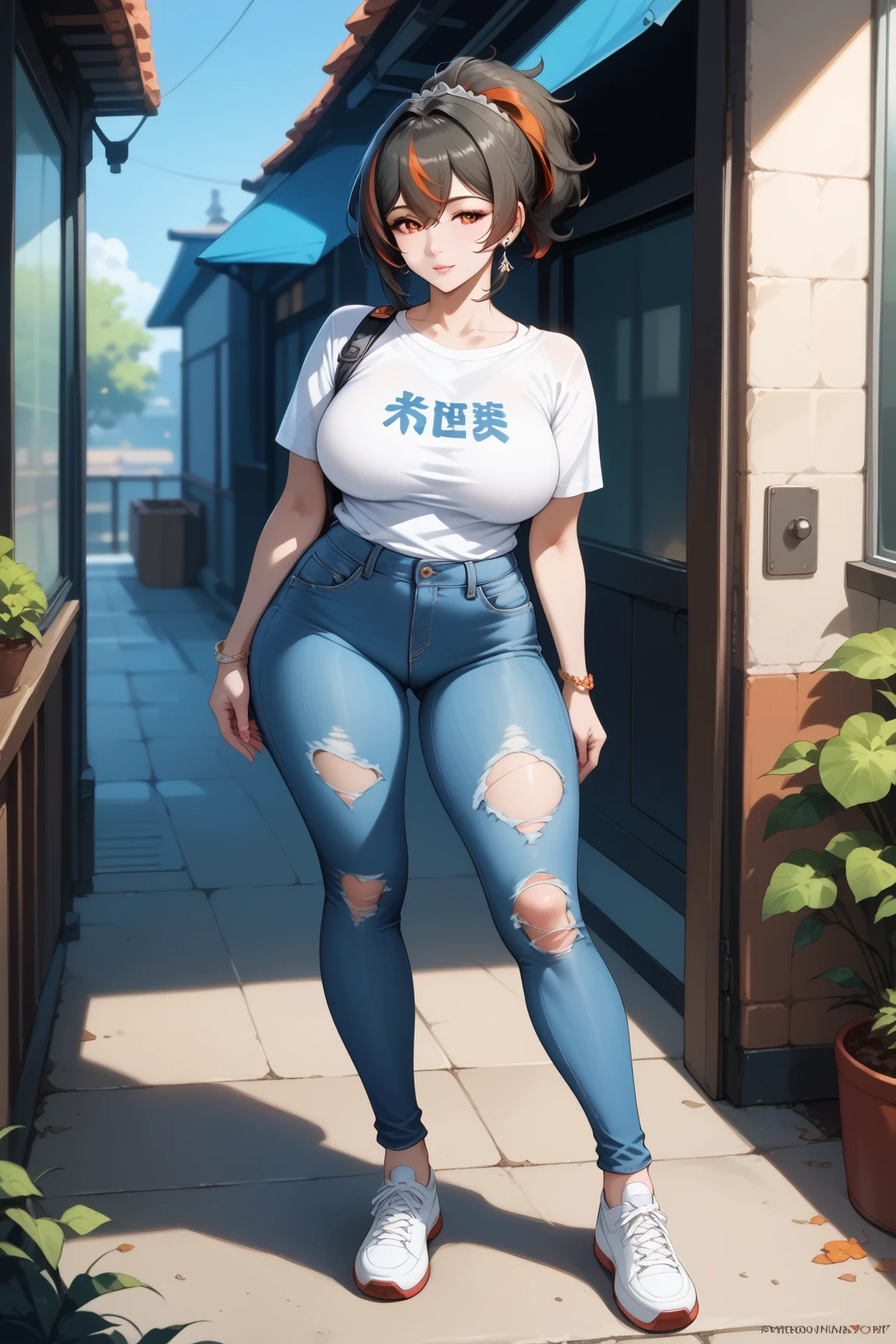 Masterpiece, extremely detailed,high quality,4k,1 girl ,solo,mature,zhu yuan ,full body,stand up,perfect body,large breasts,long legs,arms behind back,beauty,streaked ponytail hair,(white croptop tshirt),(ripped jeans),looking at viewers, front look, sexy pose