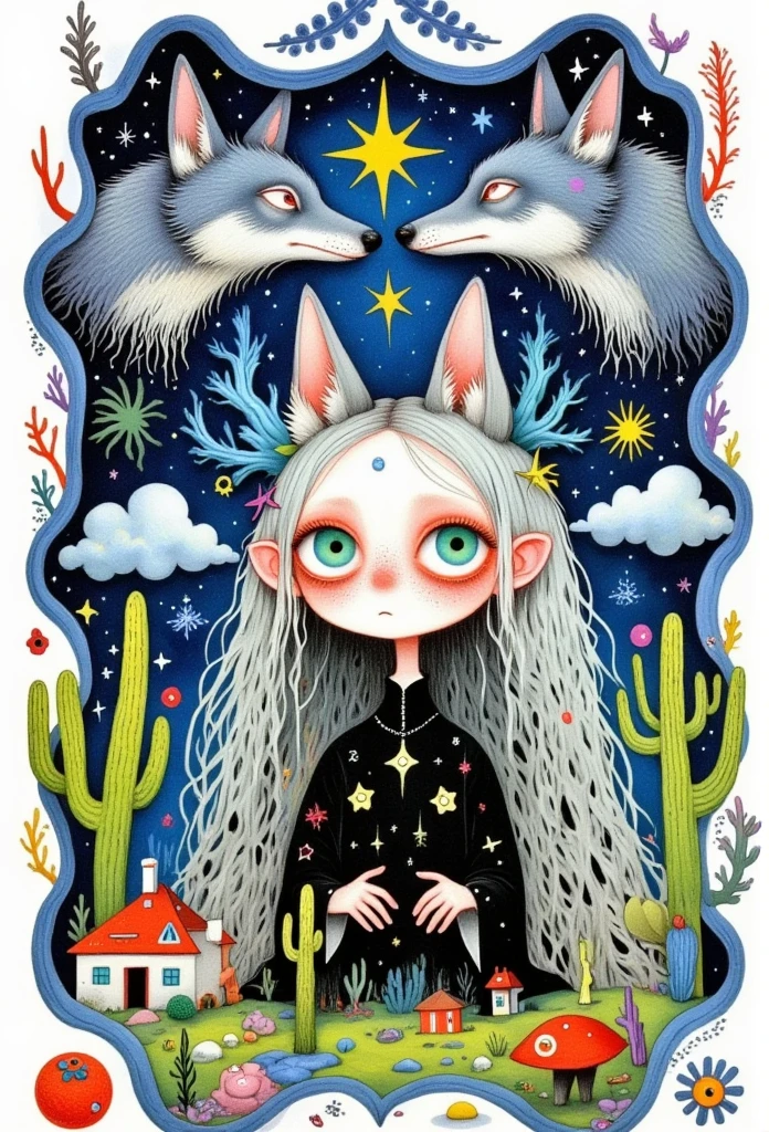       beautiful logo on the back of the tarot card in the center of the white background， with a large female eye ，The pupils are green，Reflects the dark forest ， with the head of a gray wolf and a house , painting \(medium\) , ночное Sky и галактика,       One star                 \(Sky\),                 One star                 \(symbol\),     watercolor \(medium\),     ночное Sky и галактика,  lots of white background and tarot frame   