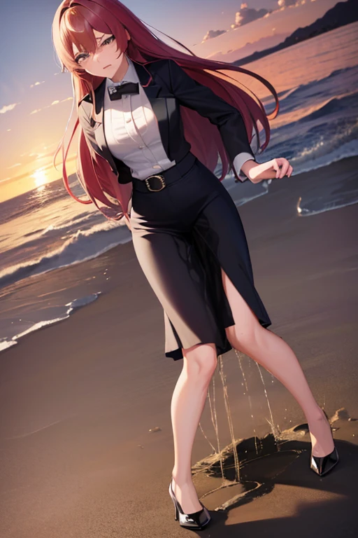 ((masterpiece, best quality, ultra-detailed)), highres, beautiful angry business woman looking at viewer frustrated, black business suit, black midi pencil skirt, long pencil skirt, white blouse, heels, full body, large bust, hand on hip, wavy crimson hair, summer evening, beach, ocean, ocean waves, sunset((peeing self))Pee all over the body、Urine、the whole body is wet