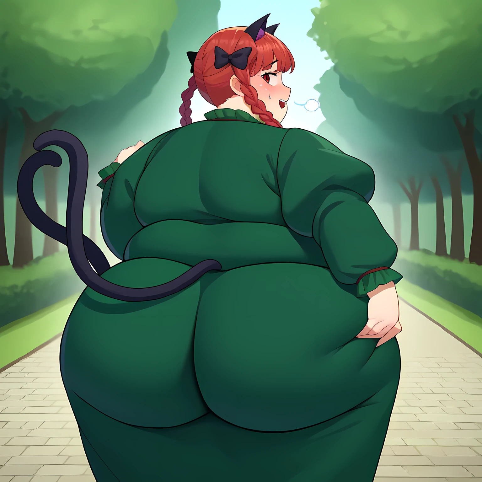 score_9, score_8_up, score_7_up, source_anime, solo, 1girl, kaenbyou rin, smile, looking at viewer, standing, paw pose, twin braids, hair bow, black bow, animal ears, green dress, long sleeves, puffy sleeves, cat tail, multiple tails, outdoors huge ass, fat, chubby, obese, open mouth, out of breath, absurdres, highres icon, rating:General, confused, blush,, {flustered}, nervous sweating, portrait, pov ass, hand on another's ass, averting eyes, [looking away], straight-on, from behind, swollen face, bulging belly, looking back at viewer, ass grab, masterpiece, best quality, ultra-detailed, high resolution, 8K, 