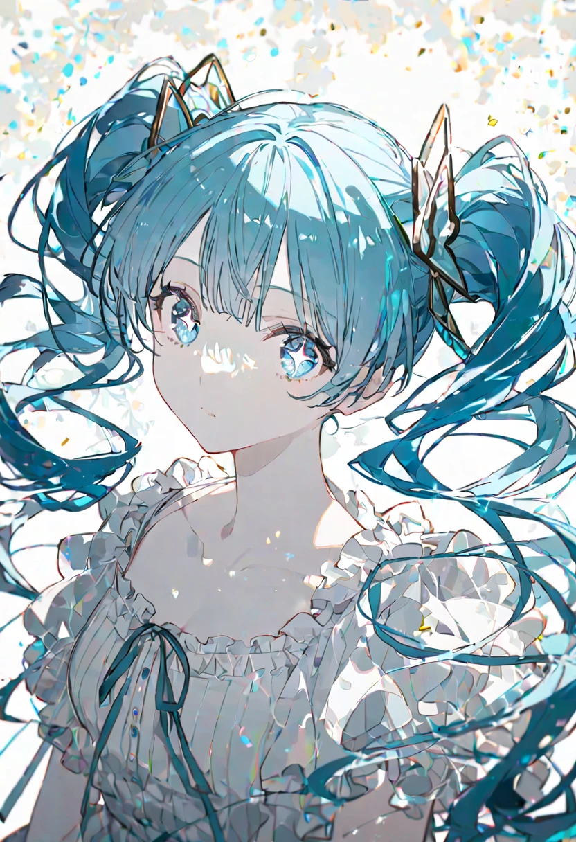 best quality, beautiful, absurdres, woman, HatsuneMiku-Vocaloid, neutral, sitting on the floor, looking at viewer, long twin tail hair, white sky blue hair, with sparkling eyes, white eyes, eyes open, pale skin, tall, dress, teenager, white background, beautiful, soft lines, upper body, from side, overhead shot, with angel wings on back,Close,transparency illustration, Calm colors