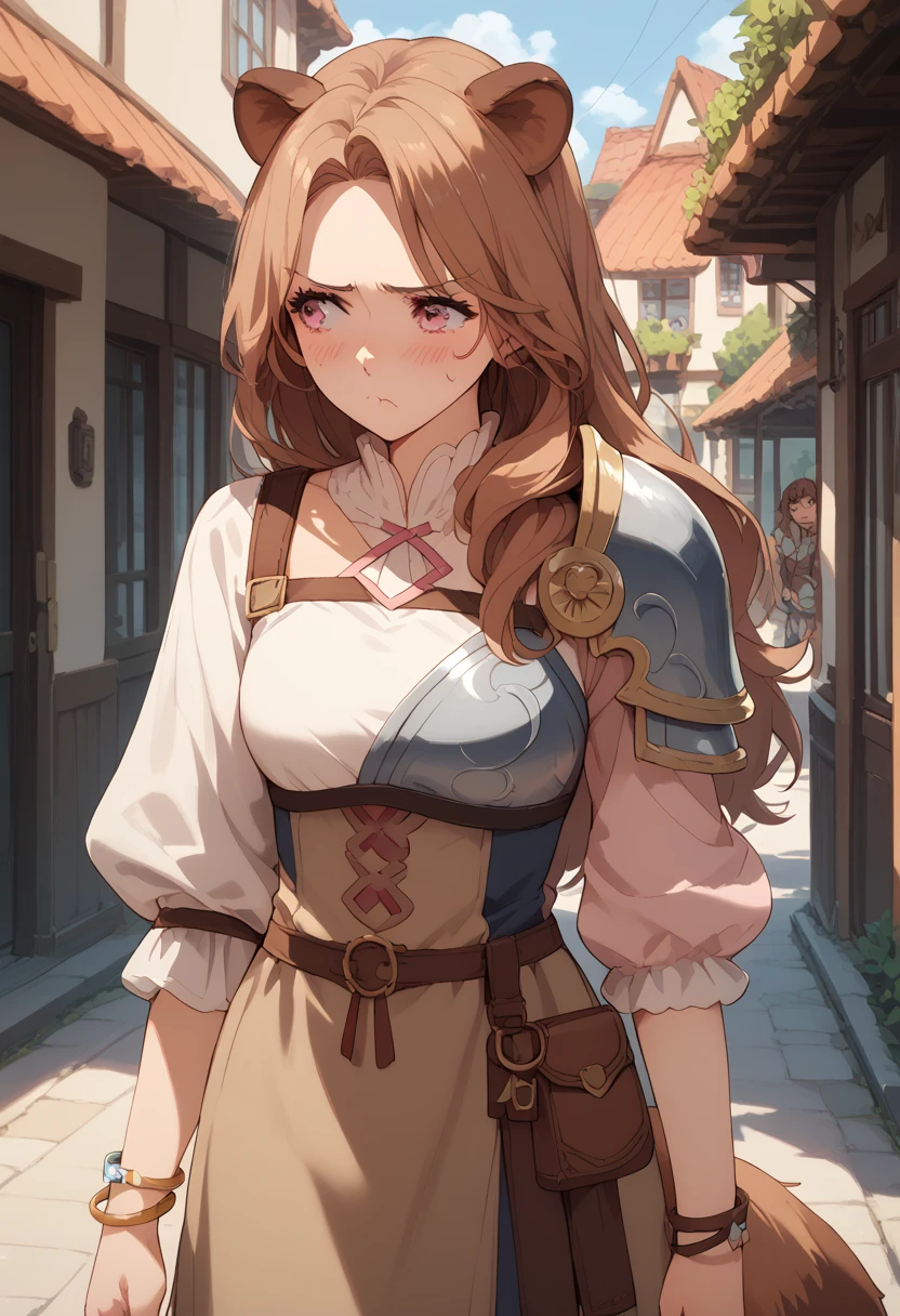 ((masterpiece)), 1girl, solo, long hair, brown raccoon ears, brown raccoon tail, pink eyes, standing, shy, brown hair, one shoulder armor, blush, pout, looking away, bracelets, cute, anime style, mature woman.