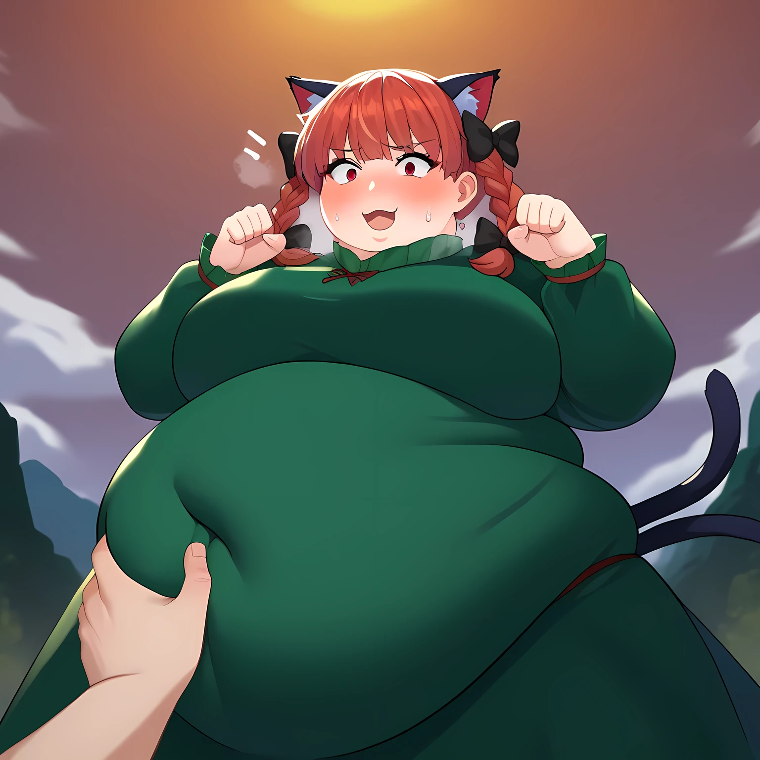 score_9, score_8_up, score_7_up, source_anime, solo, 1girl, kaenbyou rin, smile, looking at viewer, standing, paw pose, twin braids, hair bow, black bow, animal ears, green dress, long sleeves, puffy sleeves, cat tail, multiple tails, outdoors bulging belly, fat, chubby, obese, open mouth, out of breath, absurdres, highres icon, rating:General, confused, blush, {flustered}, nervous sweating, portrait, pov hands, hand on another's belly, averting eyes, [looking away], straight-on, from below, swollen face, masterpiece, best quality, ultra-detailed, high resolution, 8K, 