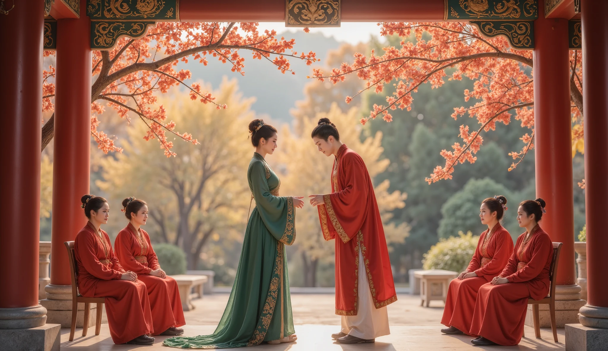 Tang Dynasty, The girl is wearing green , the boy wears a red Hanfu , Golden autumn October , and bear fruit ,Pomegranate tree, and the two go into the wedding hall 。 (( man and woman face to face,Man and woman bend over each other : 1.5 , Bow to each other: 1.5)), You can use the red color of the holiday , to show the excitement and happiness of the wedding 2 。 Two elderly men and women dressed in red sitting on wooden chairs 。 Two old men and women smiling at the boy and girl
