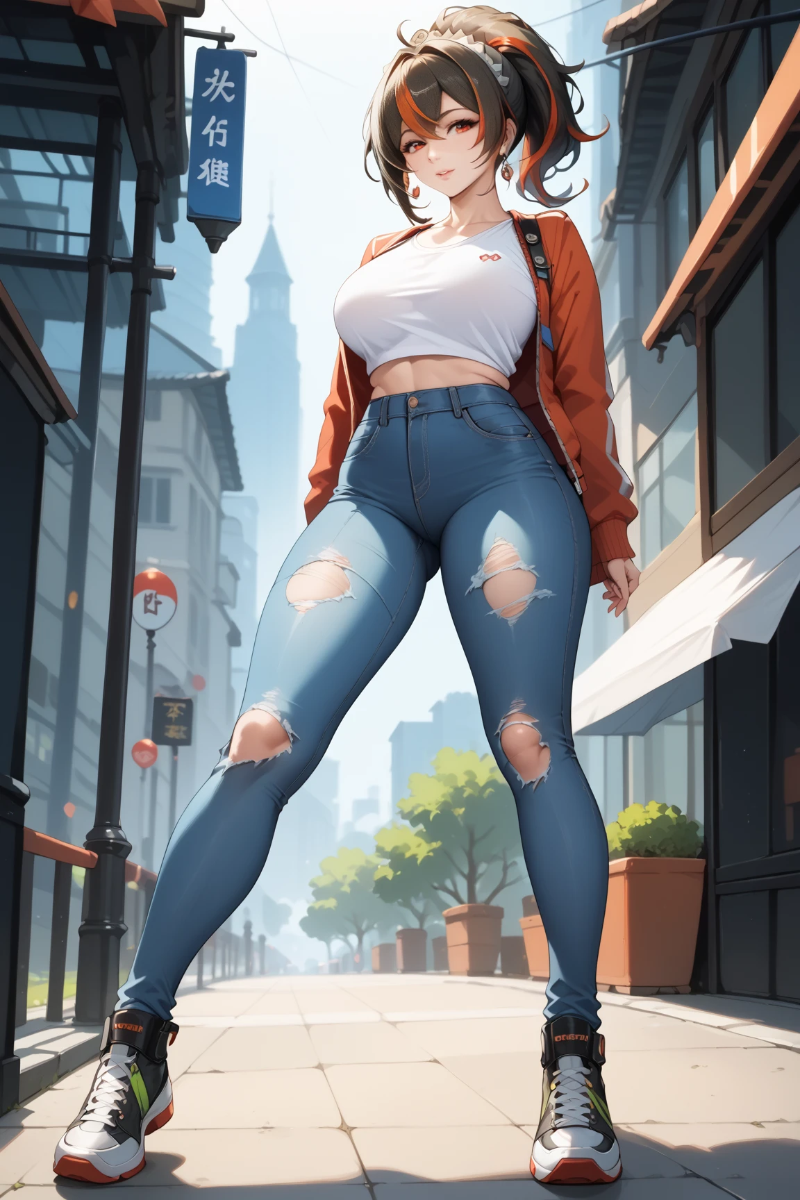 Masterpiece, extremely detailed,high quality,4k,1 girl ,solo,mature,zhu yuan ,full body,stand up,perfect body,large breasts,long legs,arms behind back,beauty,streaked ponytail hair,(white croptop tshirt),(ripped jeans),looking at viewers, front look, sexy pose