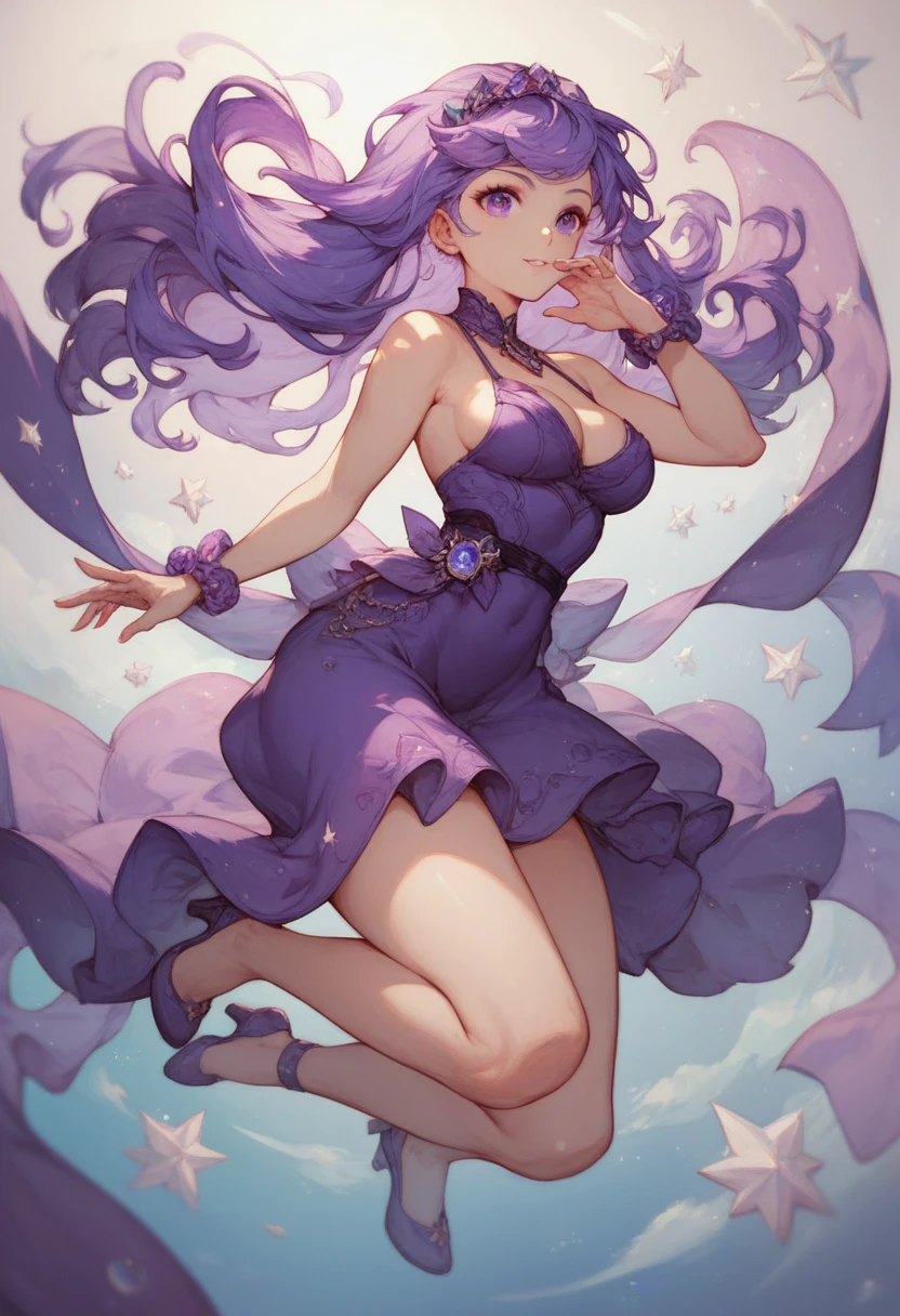 high quality, ultra detailed, best quality, insanely detailed, beautiful, masterpiece, 1girl, solo, long hair, purple hair, flower, hair flower, purple eyes, dress, hair ornament, breasts, jewelry, armpits, nail polish, looking at viewer, cleavage