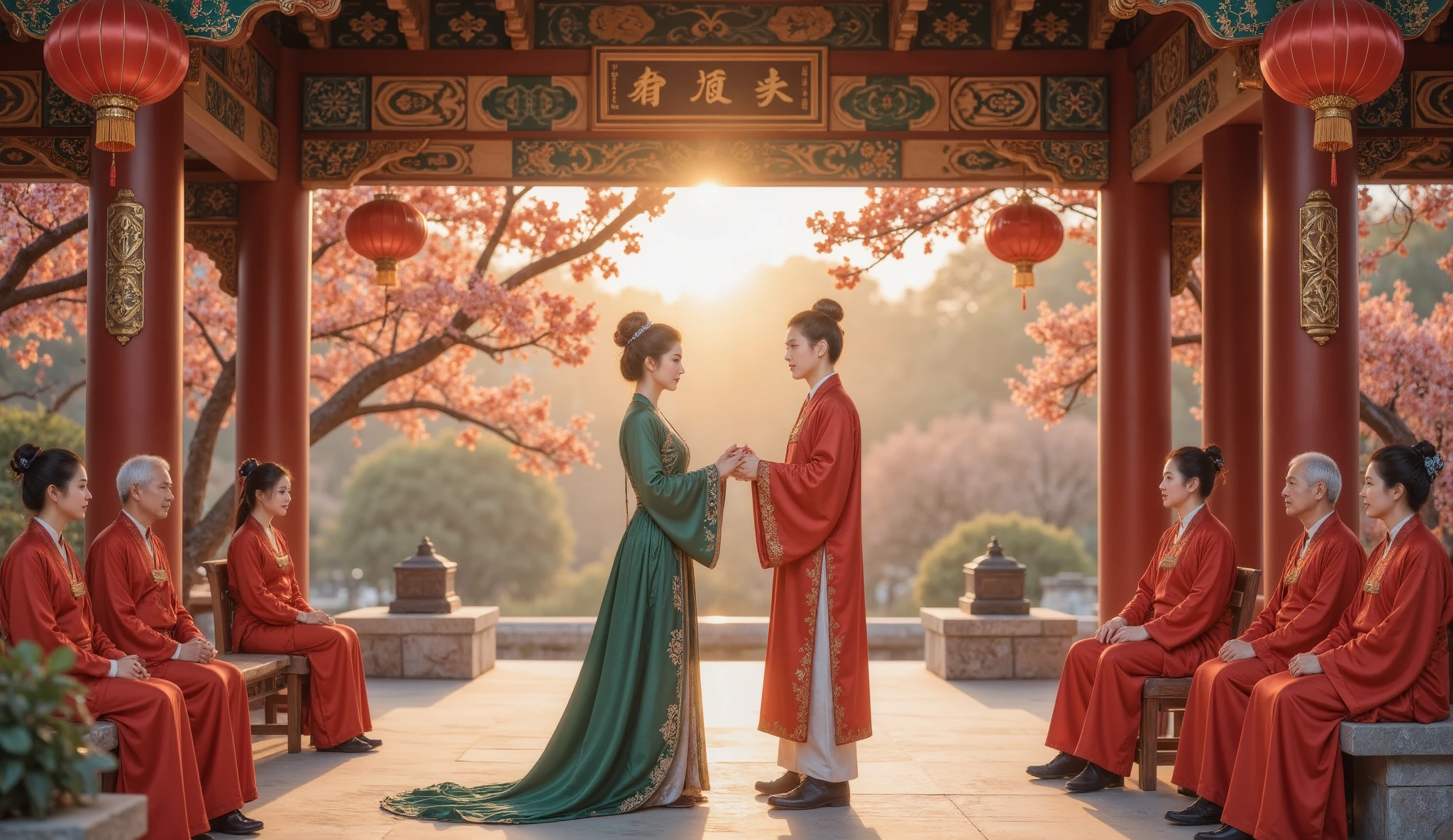 Tang Dynasty, The girl is wearing green , the boy wears a red Hanfu , Golden autumn October , and bear fruit ,Pomegranate tree, and the two go into the wedding hall 。 (( man and woman face to face,Man and woman bend over each other : 1.5 , Bow to each other: 1.5)), You can use the red color of the holiday , to show the excitement and happiness of the wedding 2 。 Two elderly men and women dressed in red sitting on wooden chairs 。 Two old men and women smiling at the boy and girl