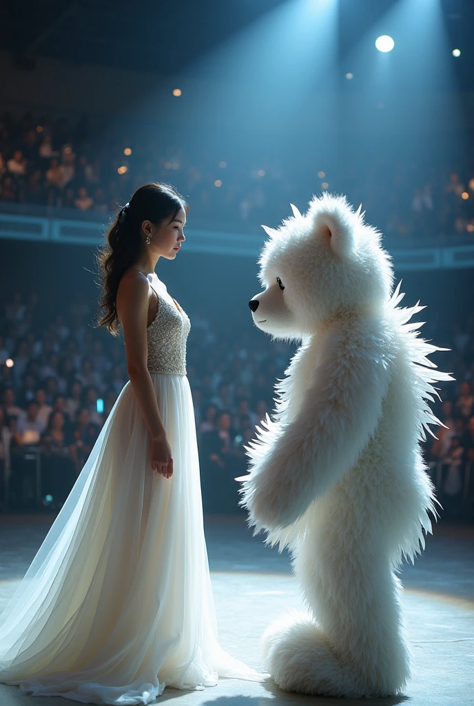 Photo of a beautiful Russian girl gracefully dancing amidst a group of twenty adorable pandas. Her movements are fluid and captivating, perfectly synchronized with the playful pandas. With her long flowing brunette hair cascading down her back, she exudes an aura of elegance and charm. The portrait captures her detailed facial features, showcasing her sparkling blue eyes and rosy cheeks. Her skin, delicately pale, reflects the soft lighting of the room, creating a mesmerizing atmosphere. The room itself is adorned with reflectors, illuminating the scene and adding a touch of ethereal beauty. This masterpiece of a photo, taken with a Canon EOS R5 and a 50mm lens at F/2.8, is a true testament to the photographer's skill and attention