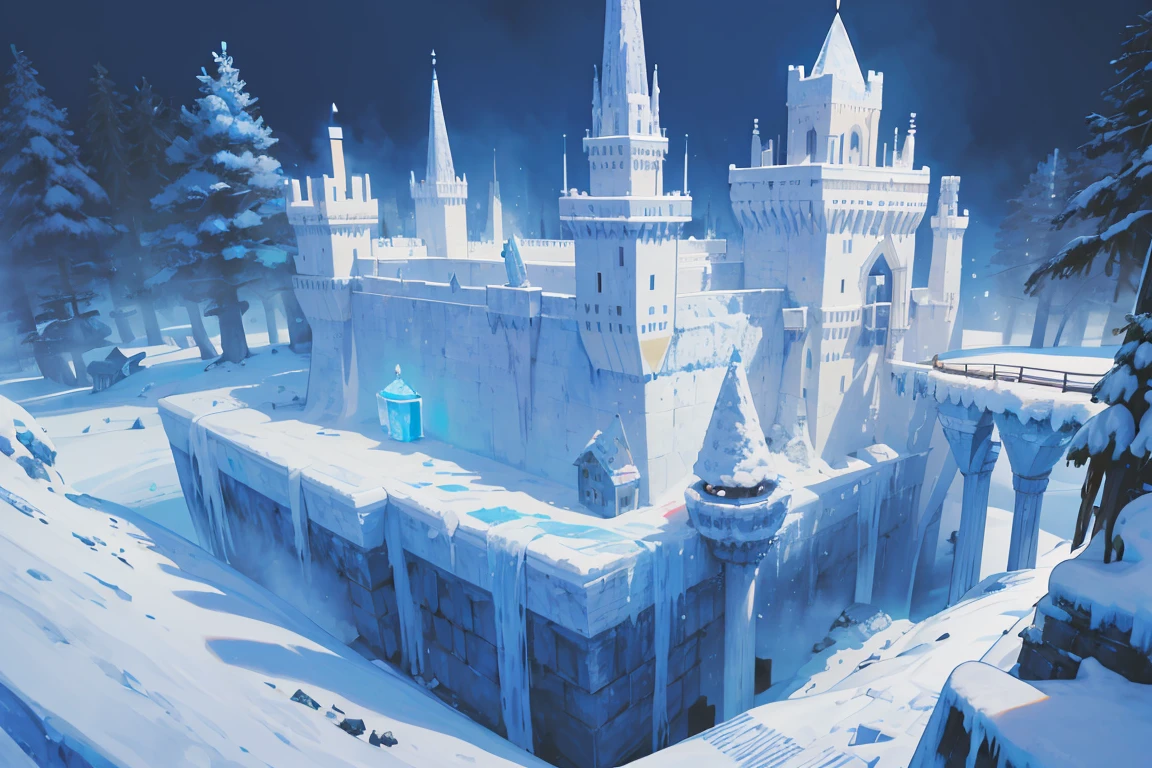 score_9, score_8_up, score_7_up, score_6_up, d3p1x3l, pixel art, scenery, Ice Kingdom, a northern kingdom covered in snow and ice, with a castle made of ice standing high above the city, surrounded by coniferous forests and protected by ice walls,