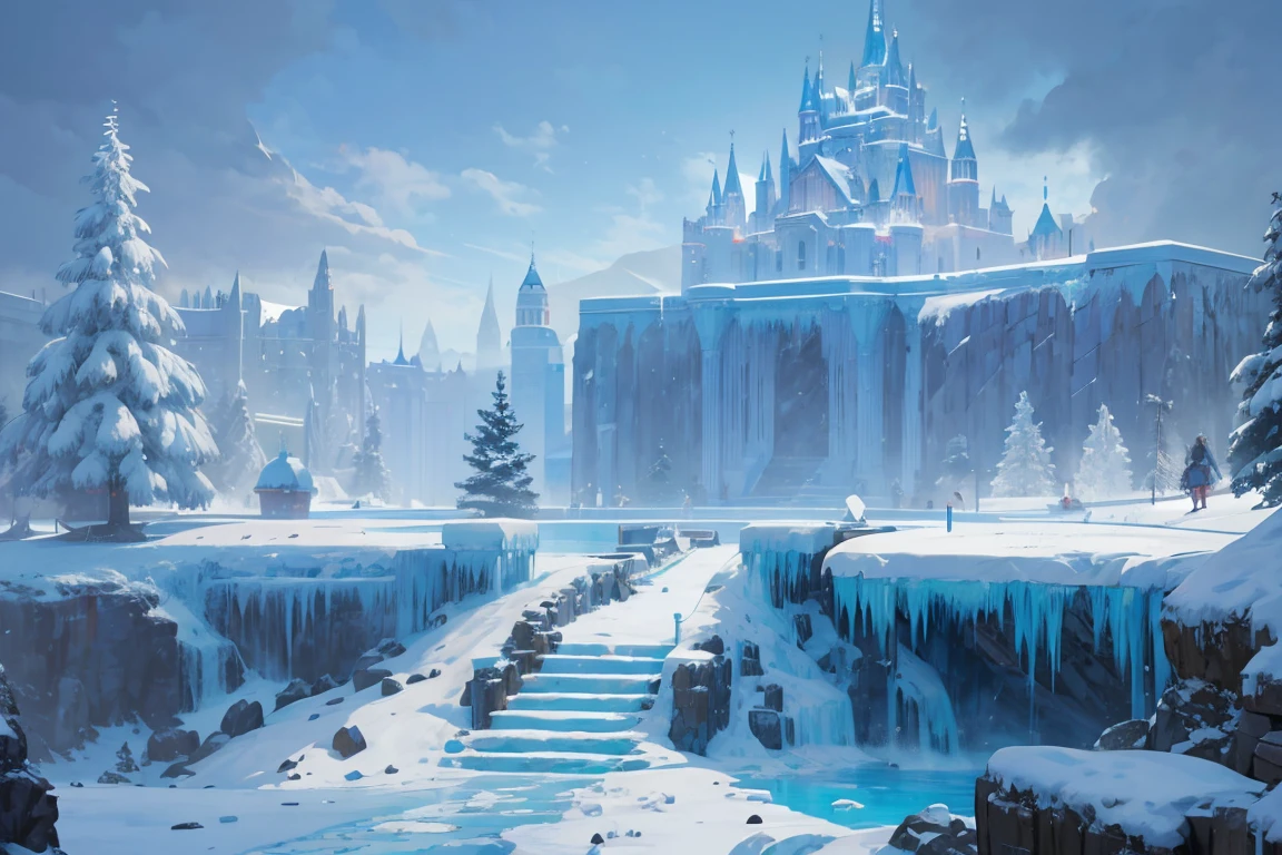 score_9, score_8_up, score_7_up, score_6_up, d3p1x3l, pixel art, scenery, Ice Kingdom, a northern kingdom covered in snow and ice, with a castle made of ice standing high above the city, surrounded by coniferous forests and protected by ice walls,